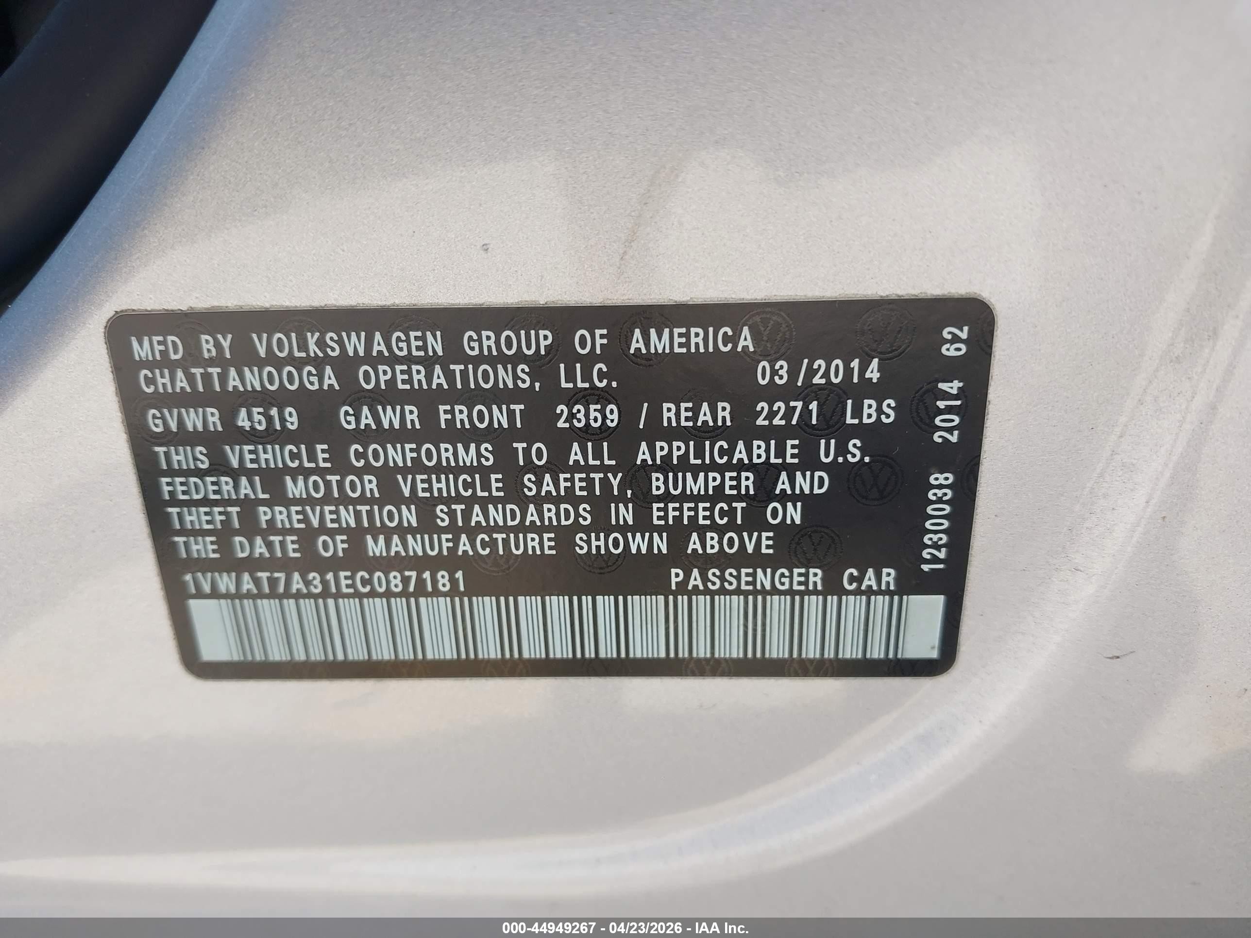 2014 Volkswagen Passat 1.8t S Silver vin: 1VWAT7A31EC087181