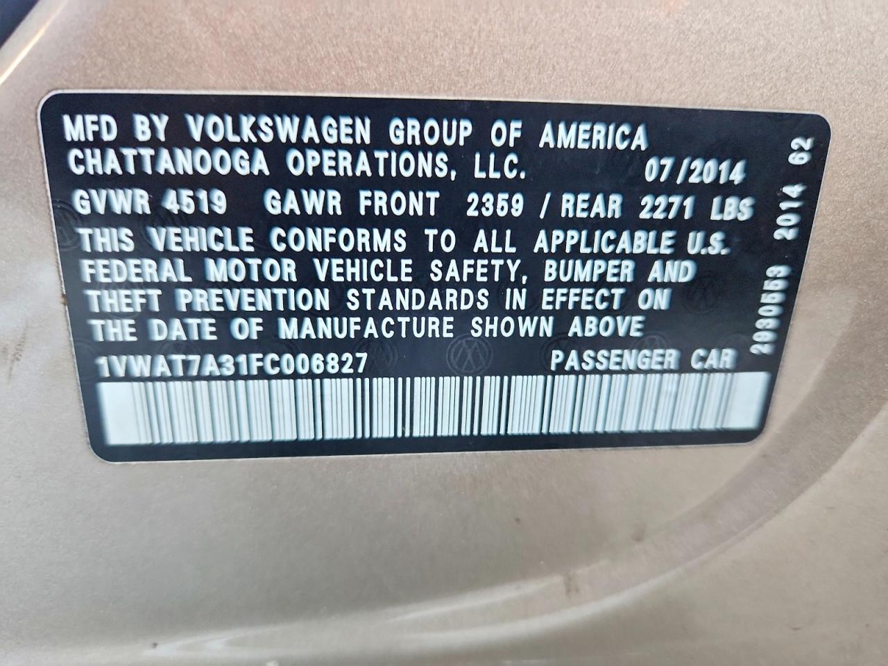 2015 Volkswagen Passat S Желто-коричневый vin: 1VWAT7A31FC006827