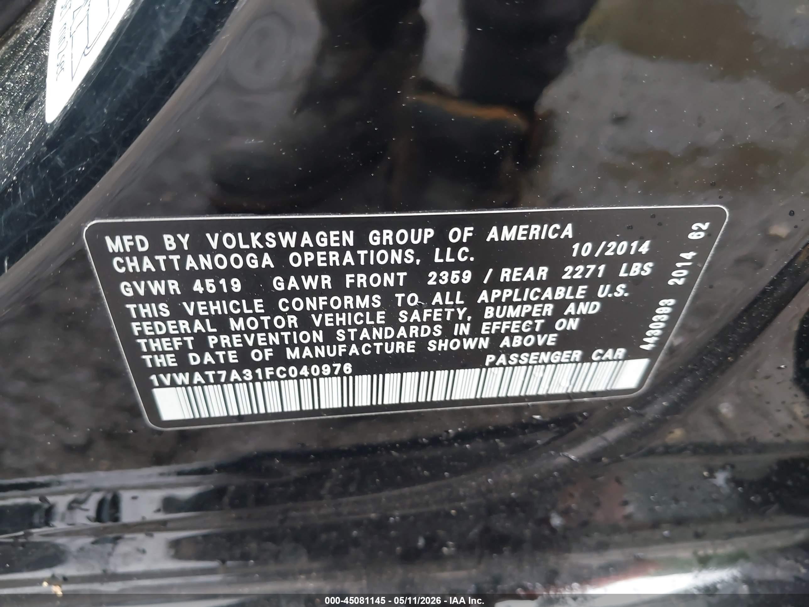 2015 Volkswagen Passat 1.8t S Black vin: 1VWAT7A31FC040976