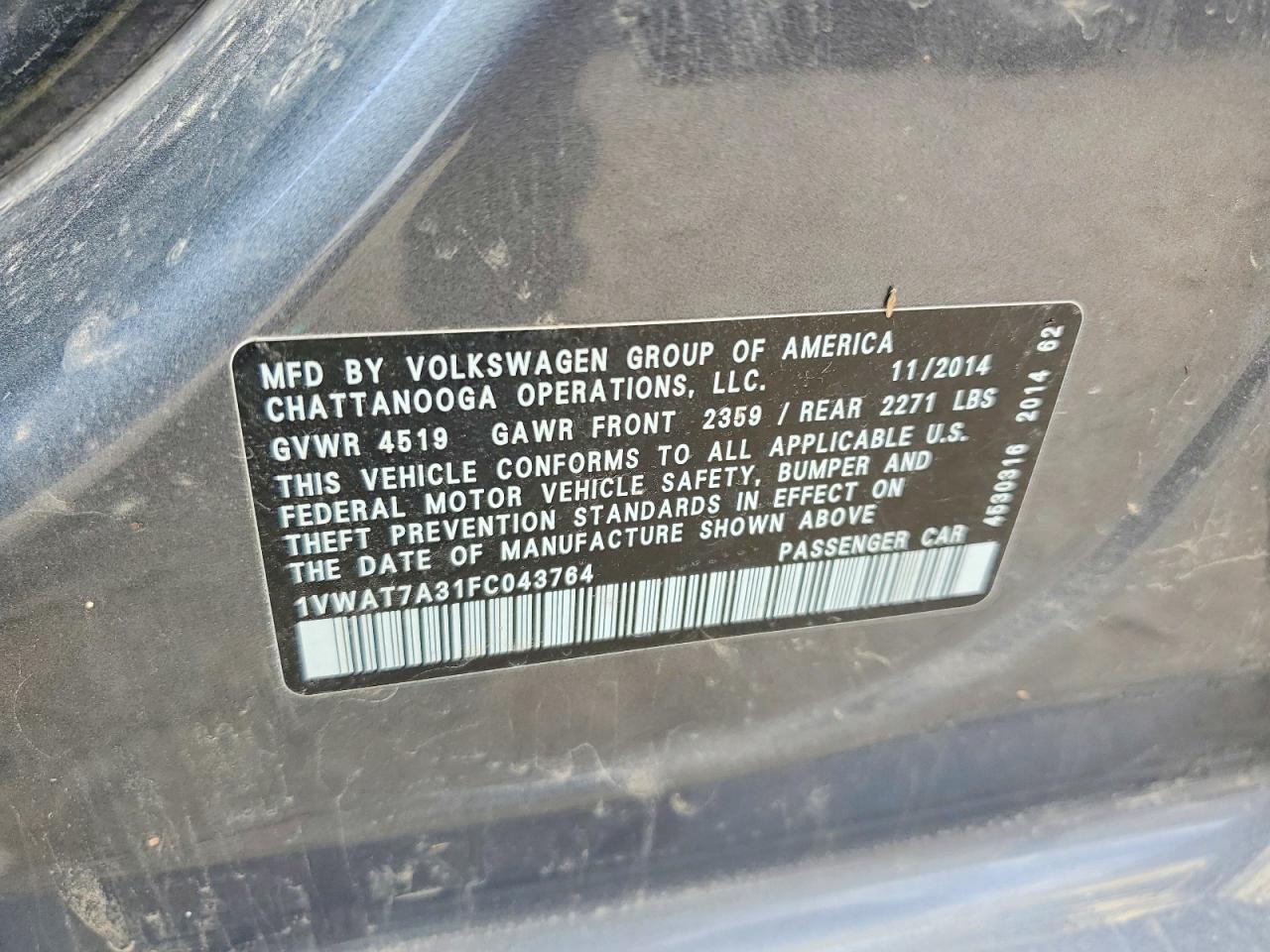 2015 Volkswagen Passat S Gray vin: 1VWAT7A31FC043764
