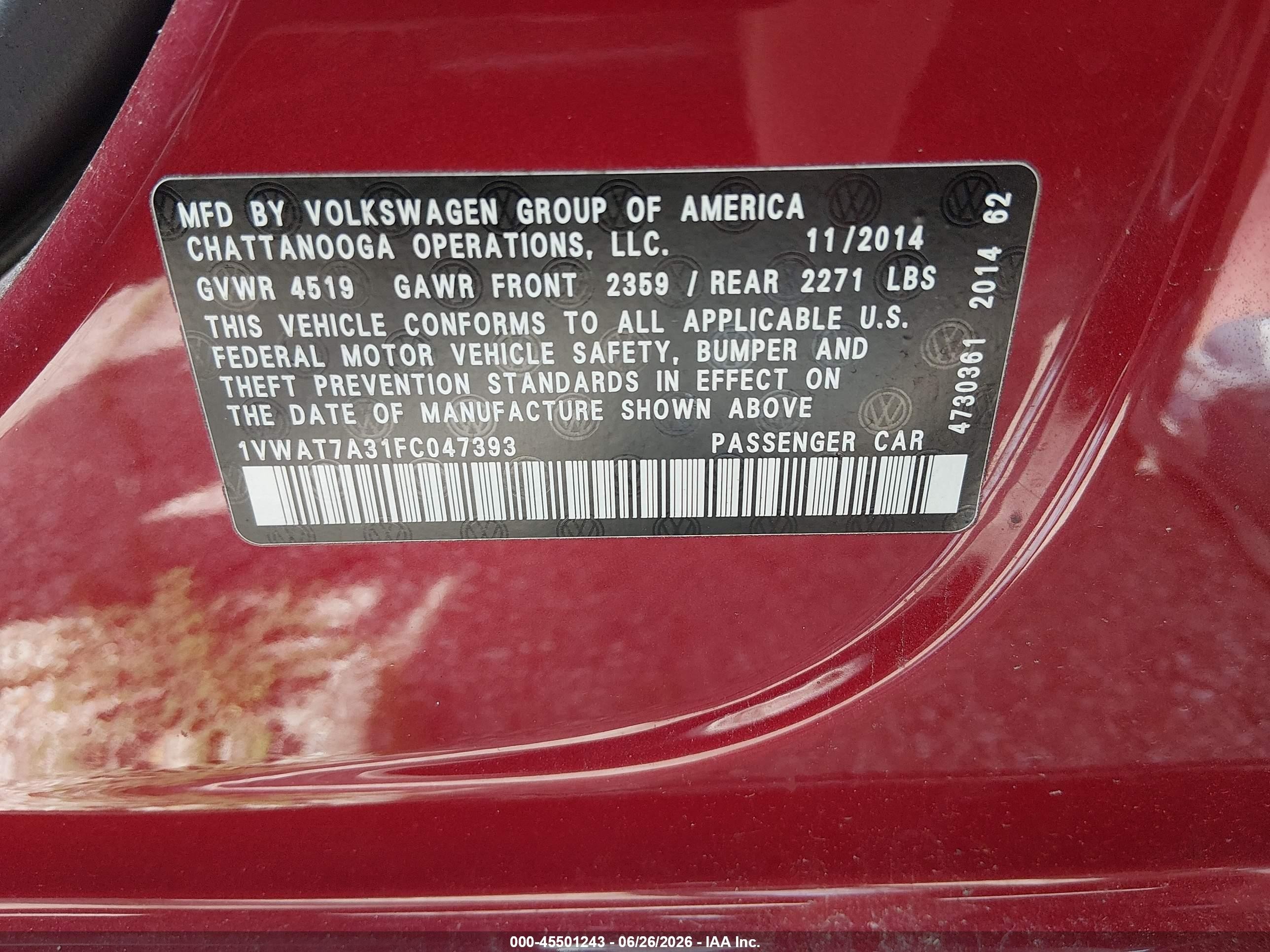 2015 Volkswagen Passat 1.8t S Burgundy vin: 1VWAT7A31FC047393