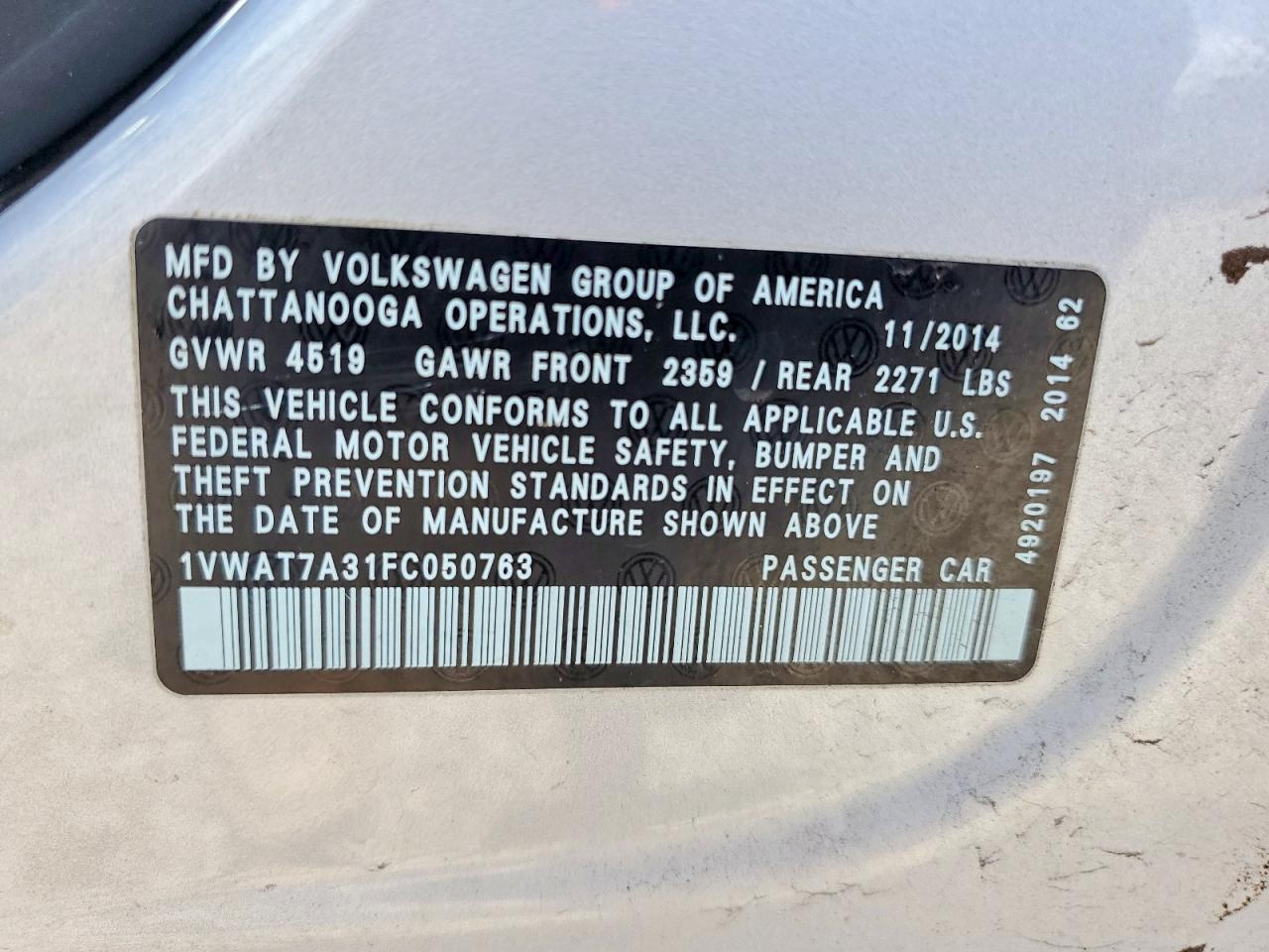 2015 Volkswagen Passat S Silver vin: 1VWAT7A31FC050763