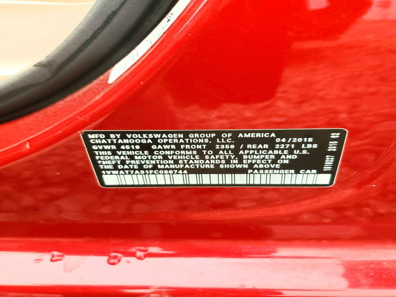 2015 Volkswagen Passat S Red vin: 1VWAT7A31FC086744