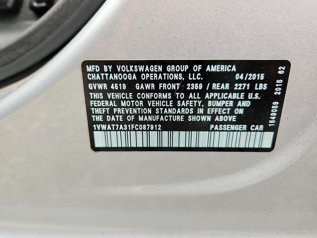 2015 Volkswagen Passat S Silver vin: 1VWAT7A31FC087912