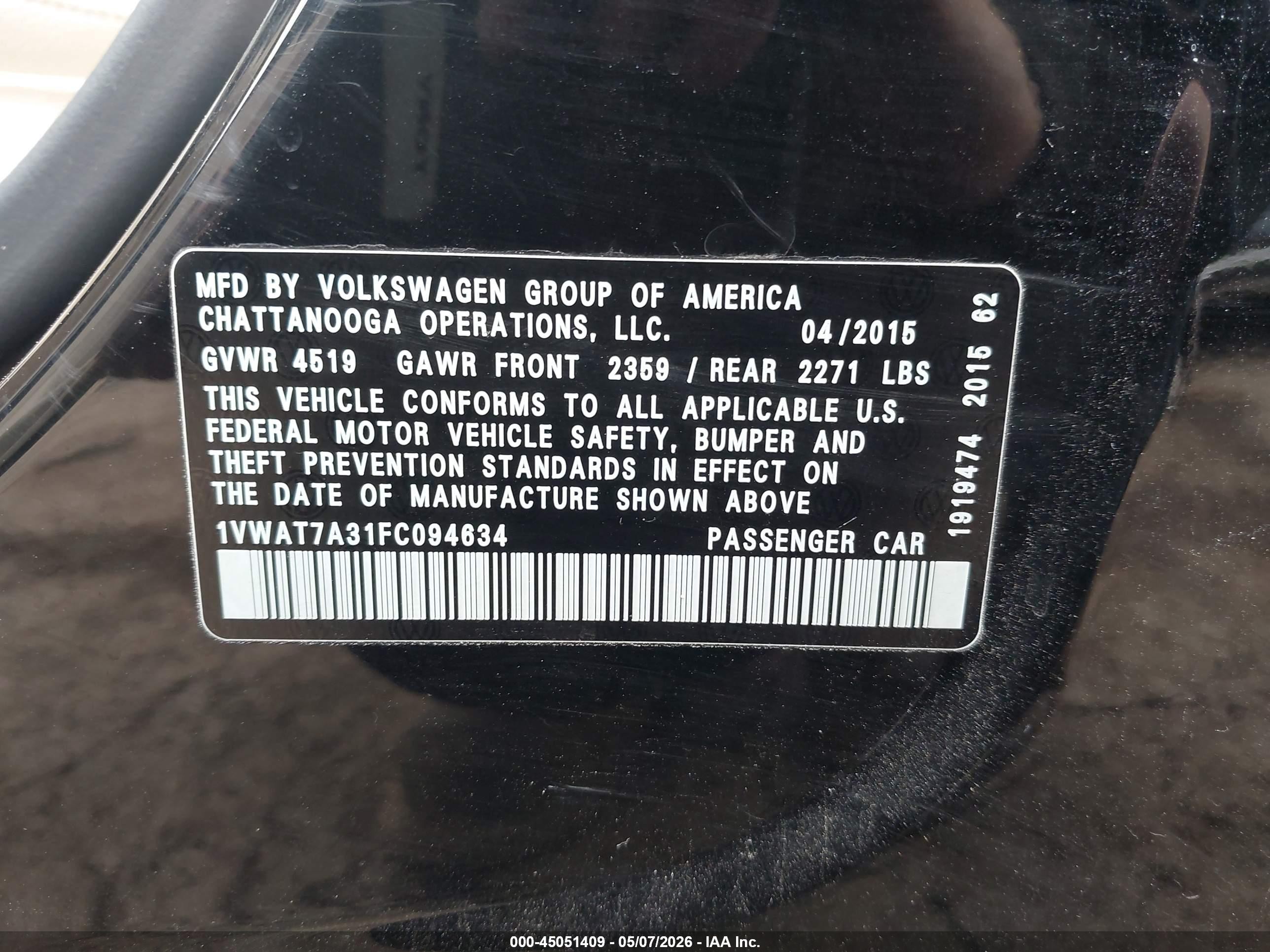 2015 Volkswagen Passat 1.8t Limited Edition Black vin: 1VWAT7A31FC094634