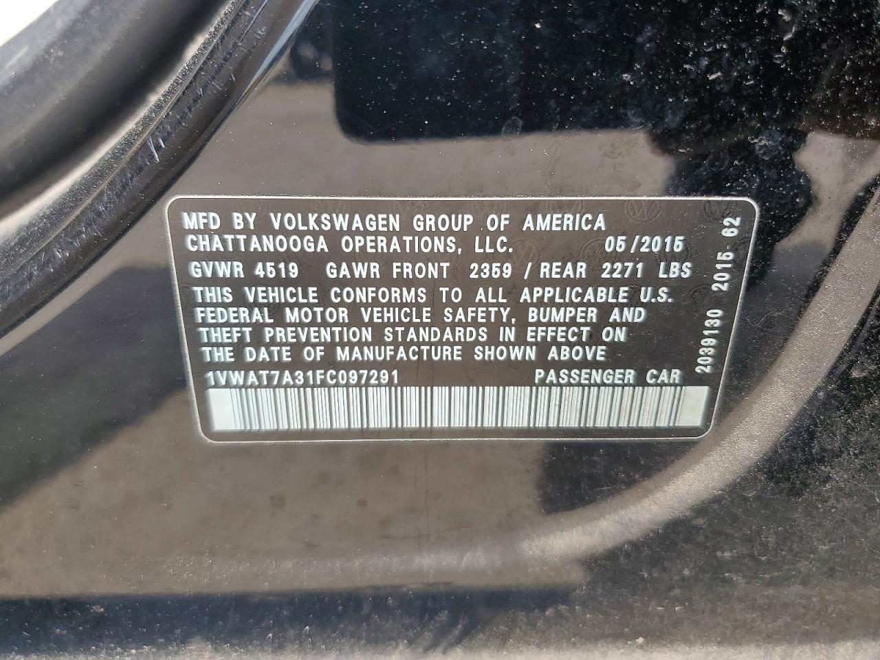 2015 Volkswagen Passat S Automatic Black vin: 1VWAT7A31FC097291