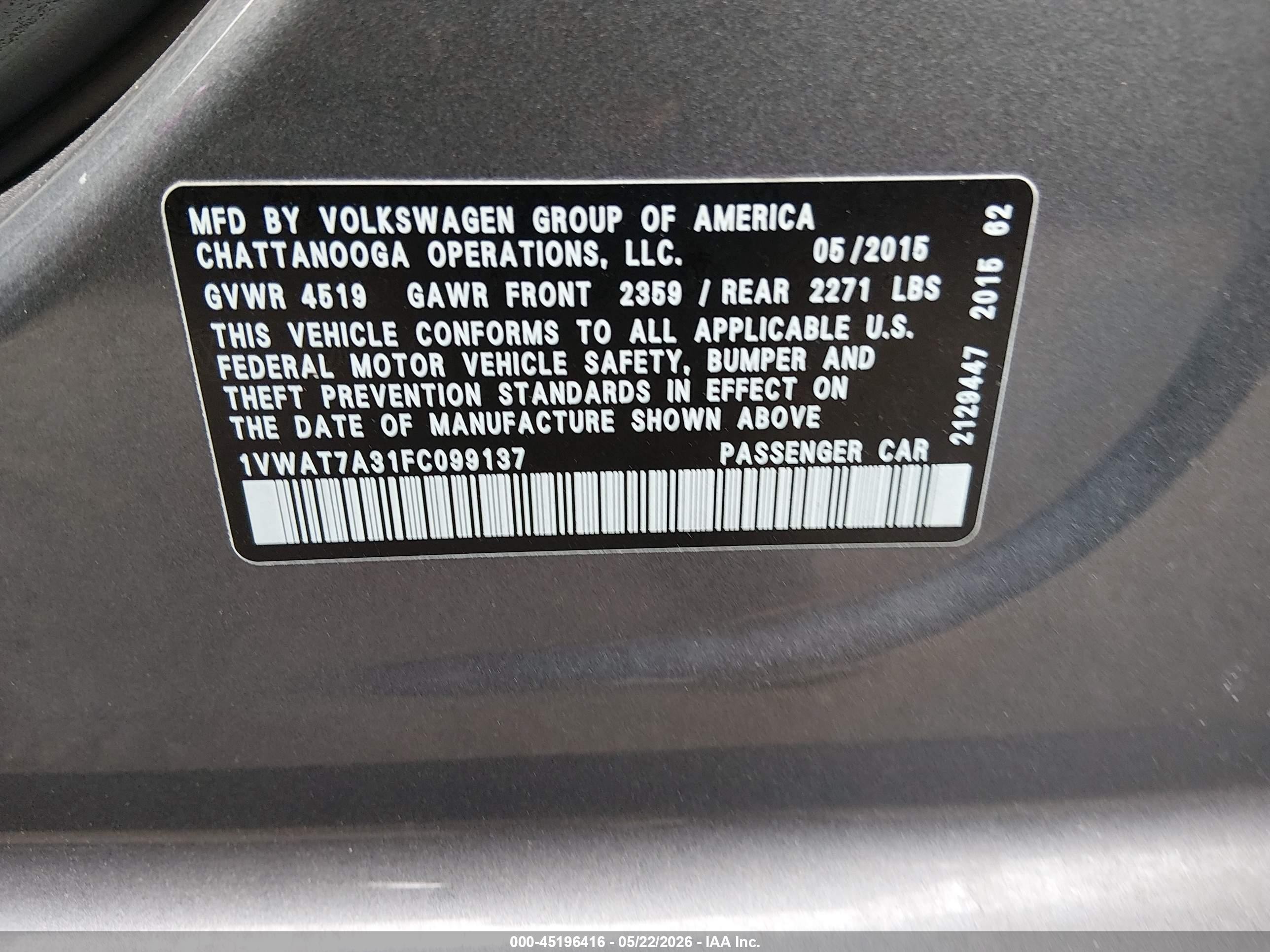 2015 Volkswagen Passat 1.8t Limited Edition Gray vin: 1VWAT7A31FC099137