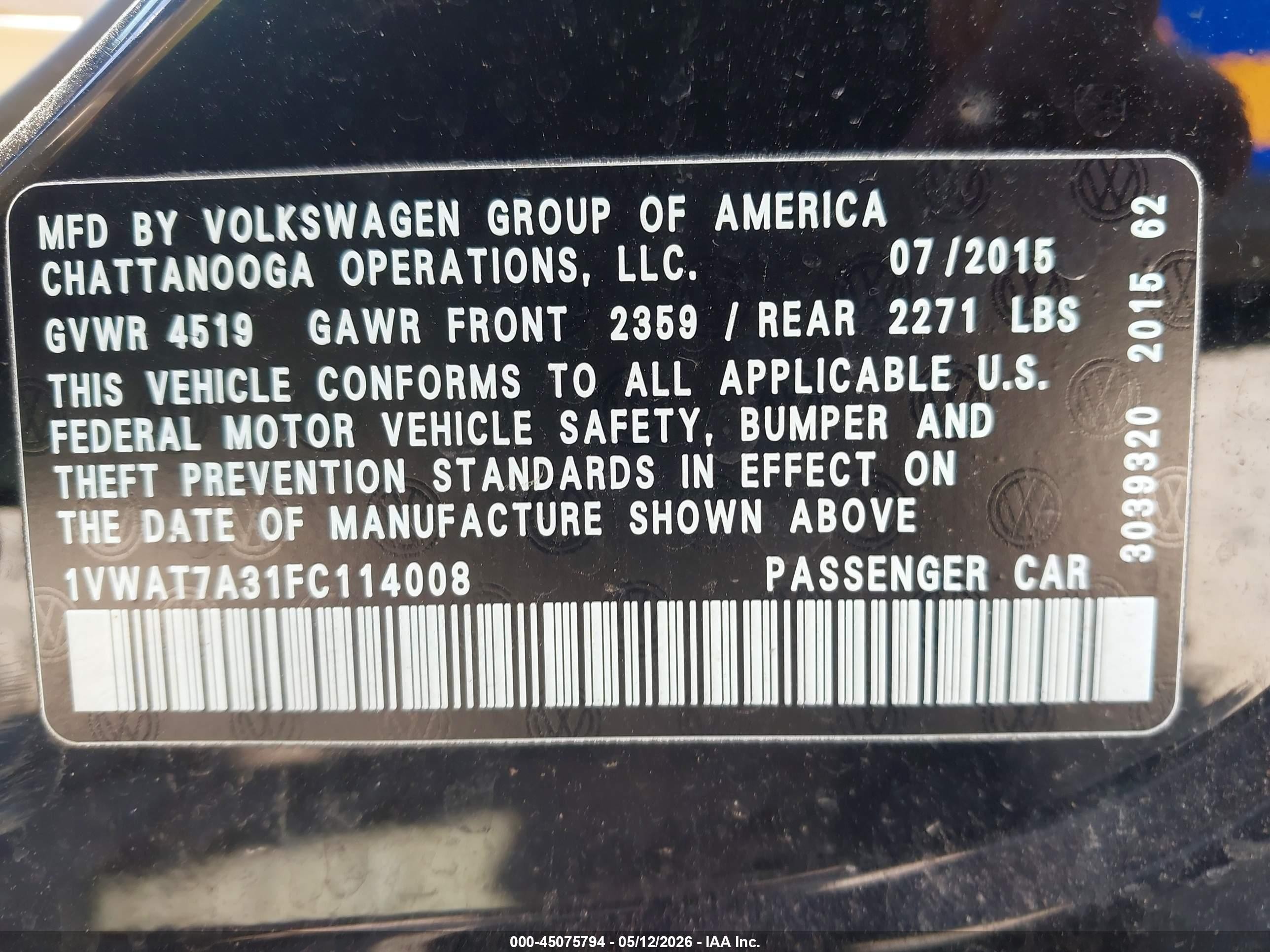 2015 Volkswagen Passat 1.8t Limited Edition Black vin: 1VWAT7A31FC114008
