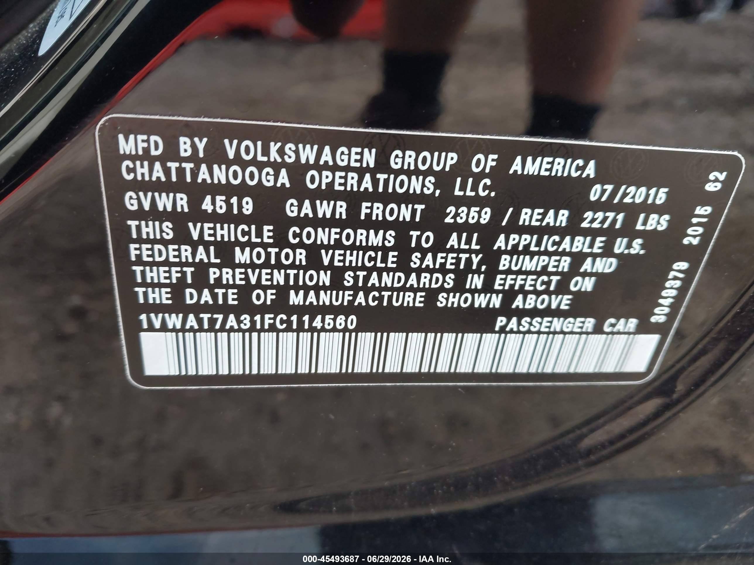 2015 Volkswagen Passat 1.8t Limited Edition Black vin: 1VWAT7A31FC114560