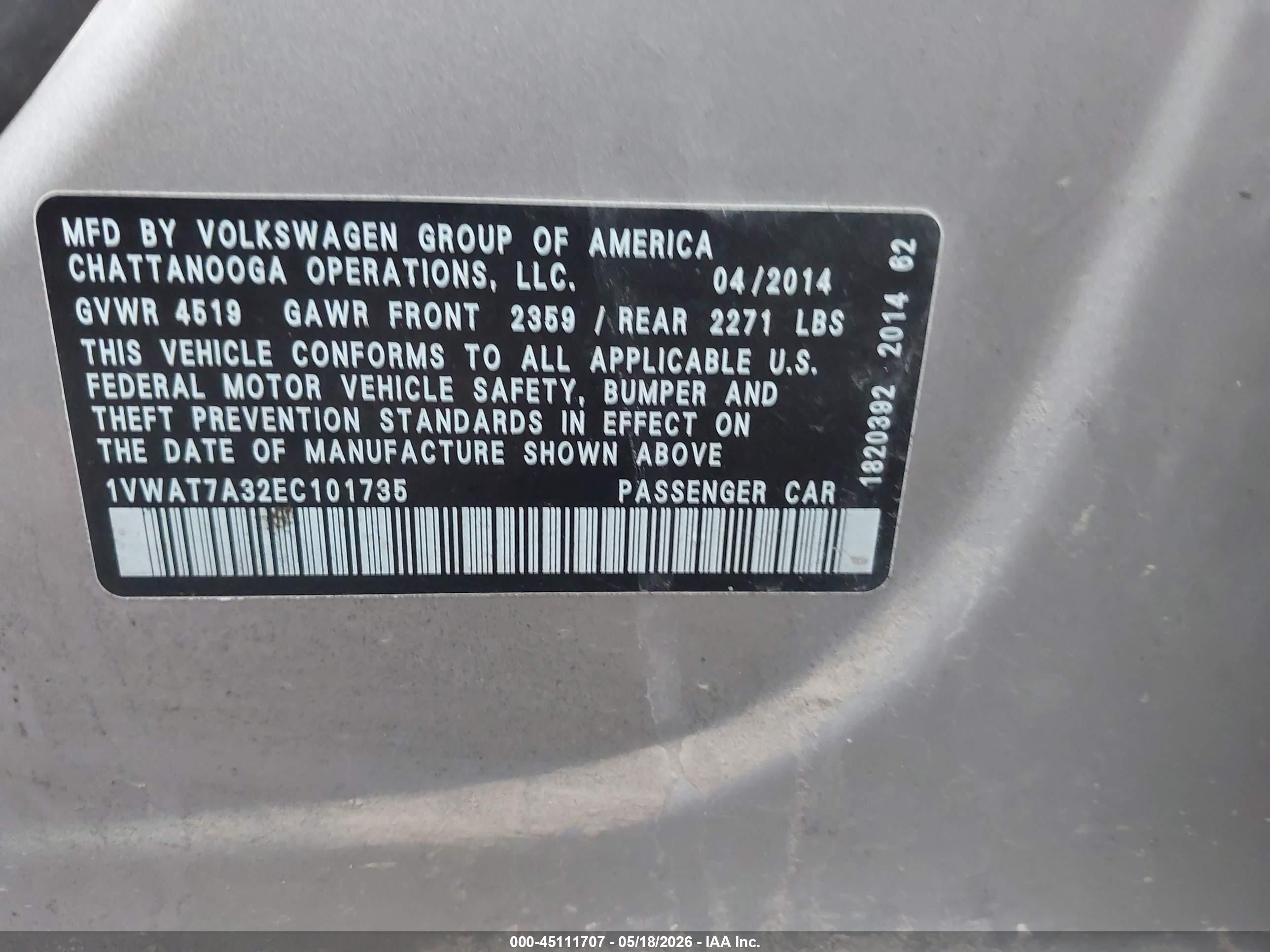 2014 Volkswagen Passat 1.8t Wolfsburg Edition Tan vin: 1VWAT7A32EC101735