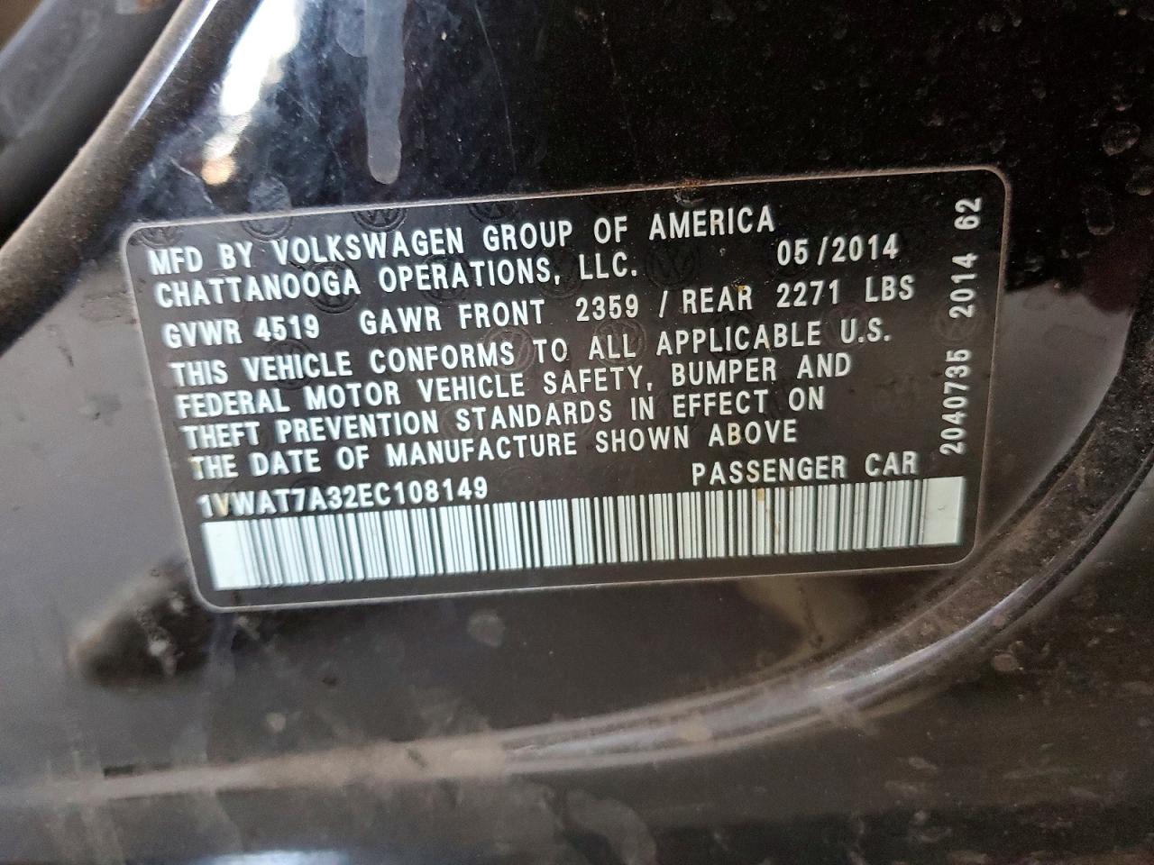 2014 Volkswagen Passat S Black vin: 1VWAT7A32EC108149