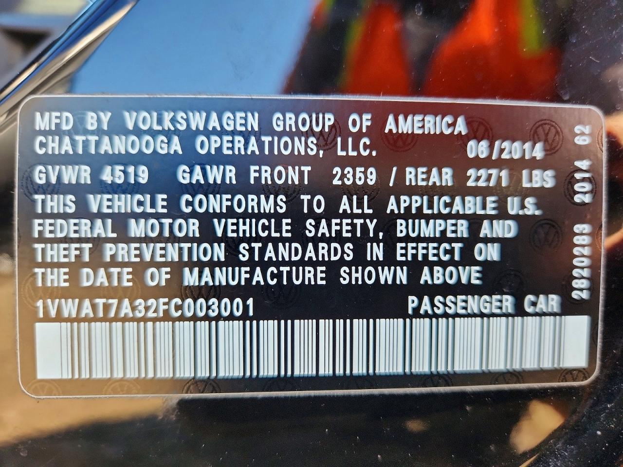 2015 Volkswagen Passat S Black vin: 1VWAT7A32FC003001