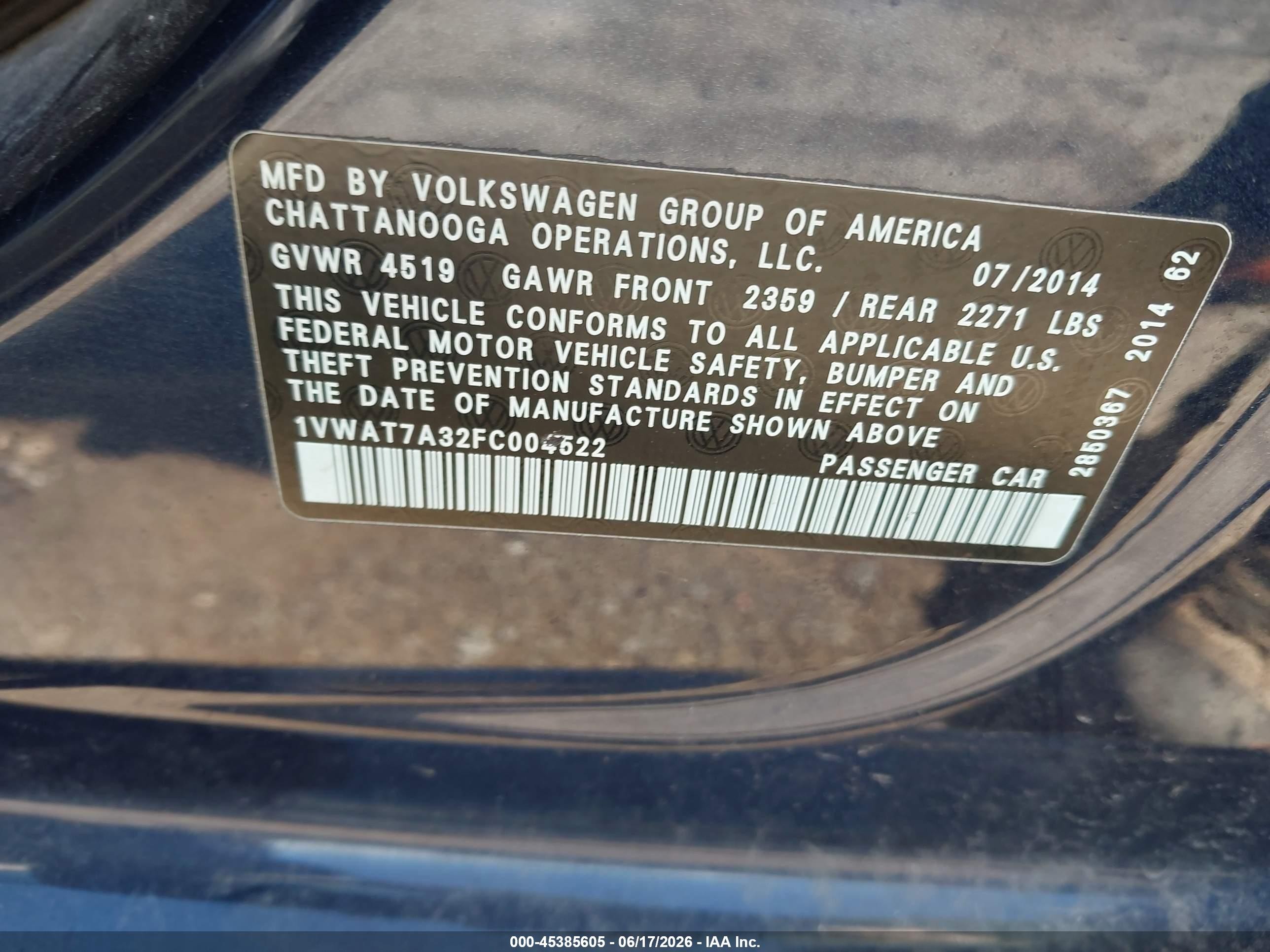 2015 Volkswagen Passat 1.8t S Blue vin: 1VWAT7A32FC004522