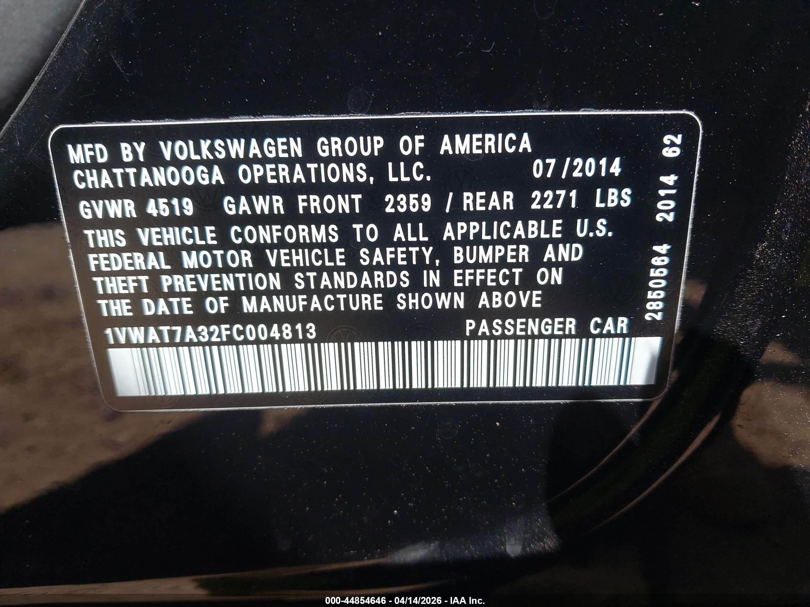 2015 Volkswagen Passat 1.8t Wolfsburg Edition Black vin: 1VWAT7A32FC004813