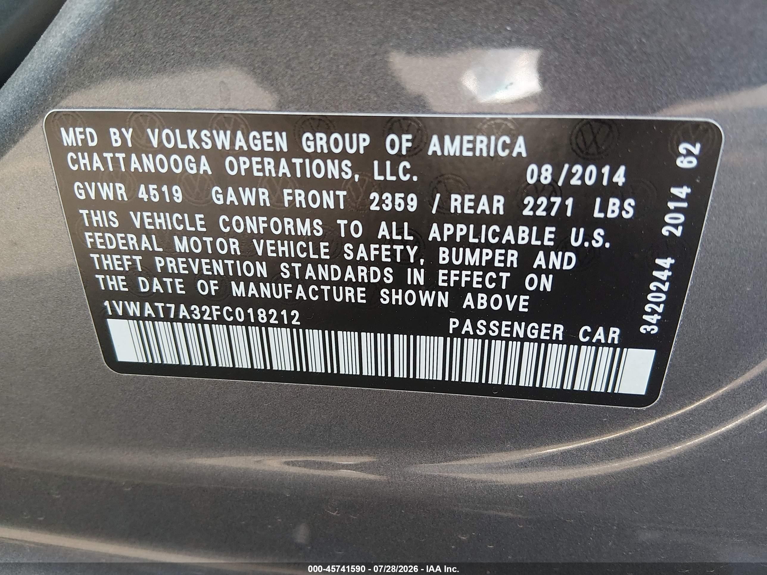 2015 Volkswagen Passat 1.8t Wolfsburg Edition Gray vin: 1VWAT7A32FC018212