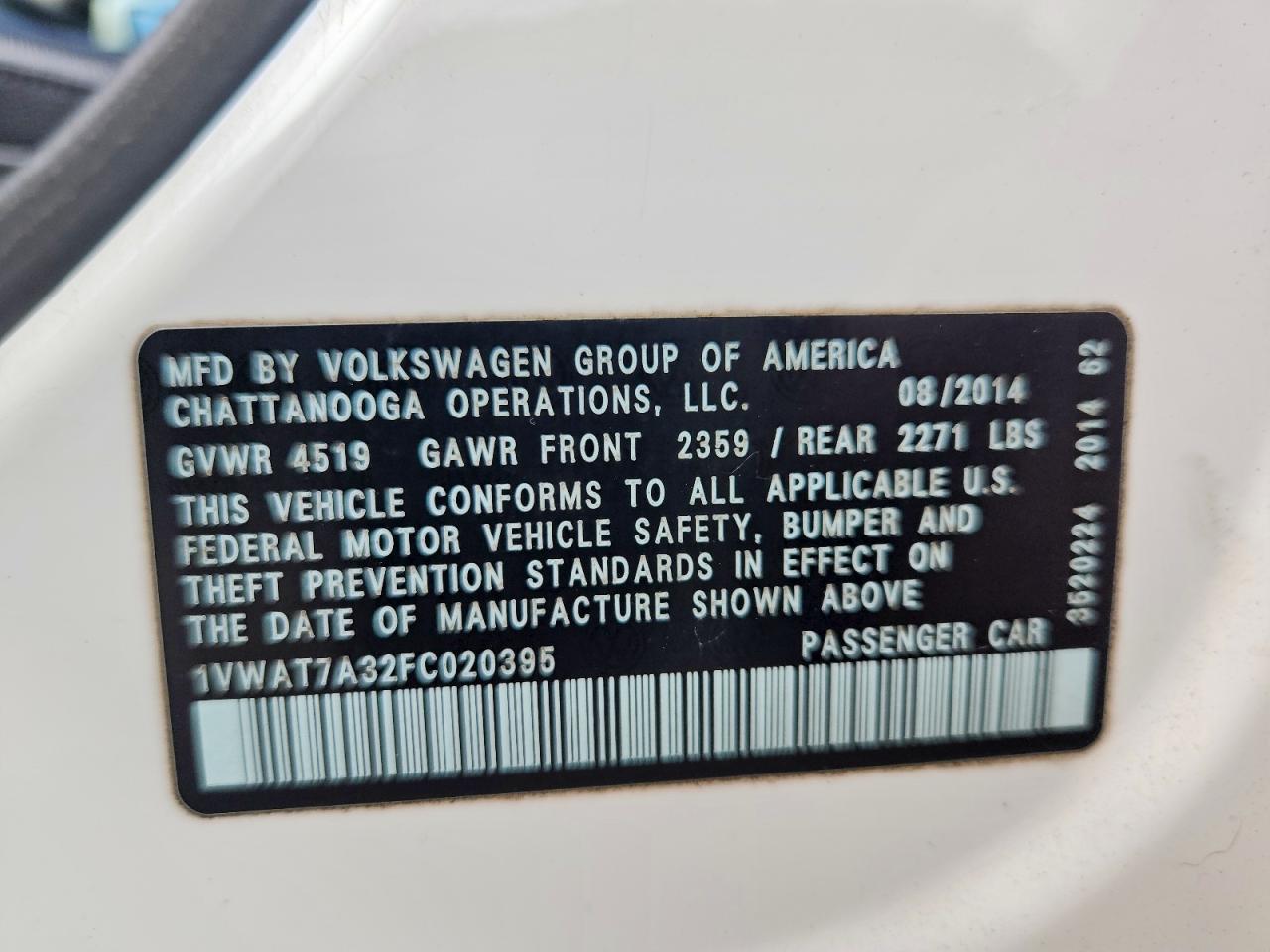 2015 Volkswagen Passat S White vin: 1VWAT7A32FC020395