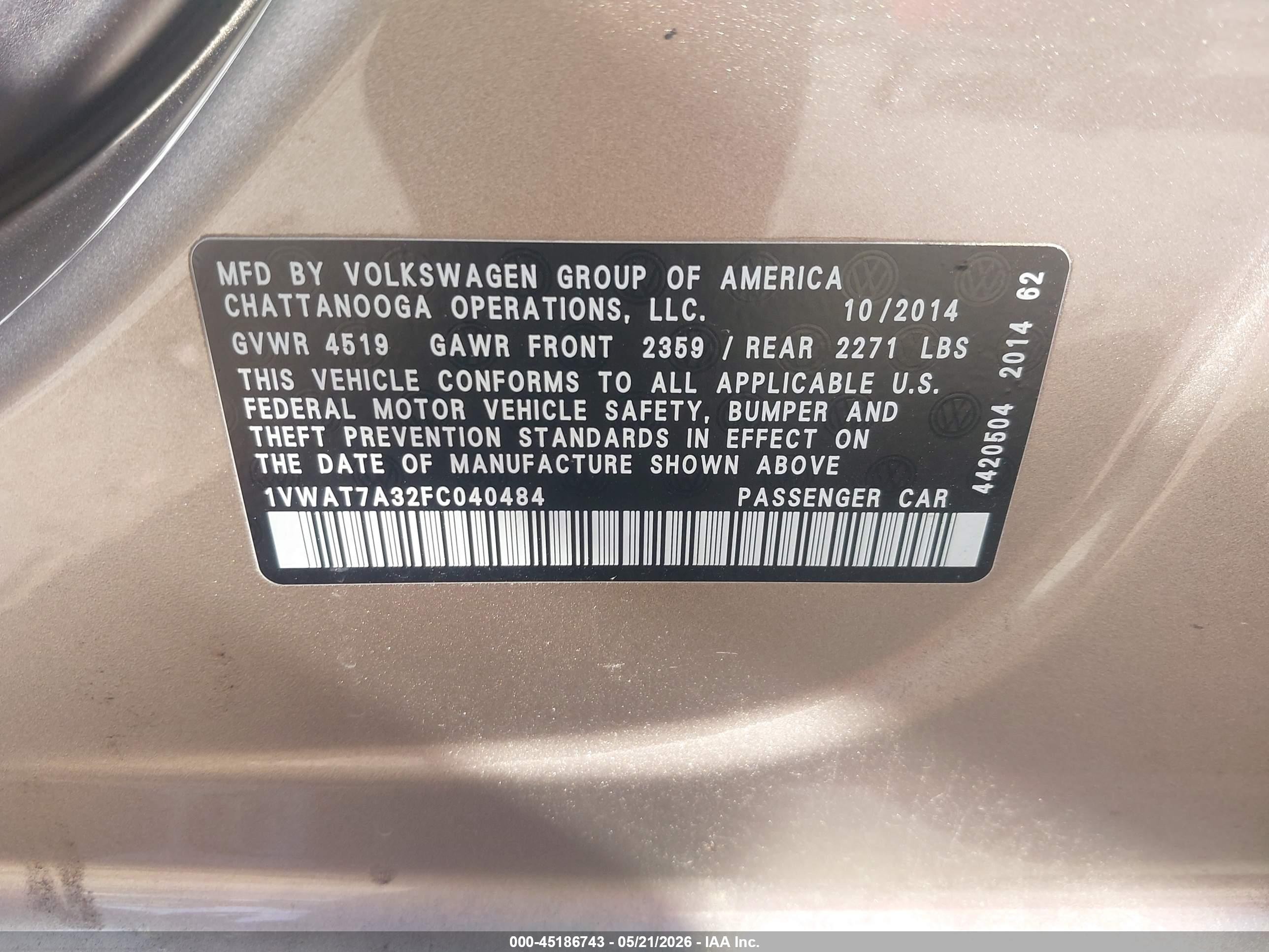 2015 Volkswagen Passat 1.8t Wolfsburg Edition Champagne vin: 1VWAT7A32FC040484