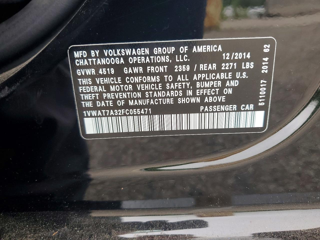 2015 Volkswagen Passat S Черный vin: 1VWAT7A32FC055471