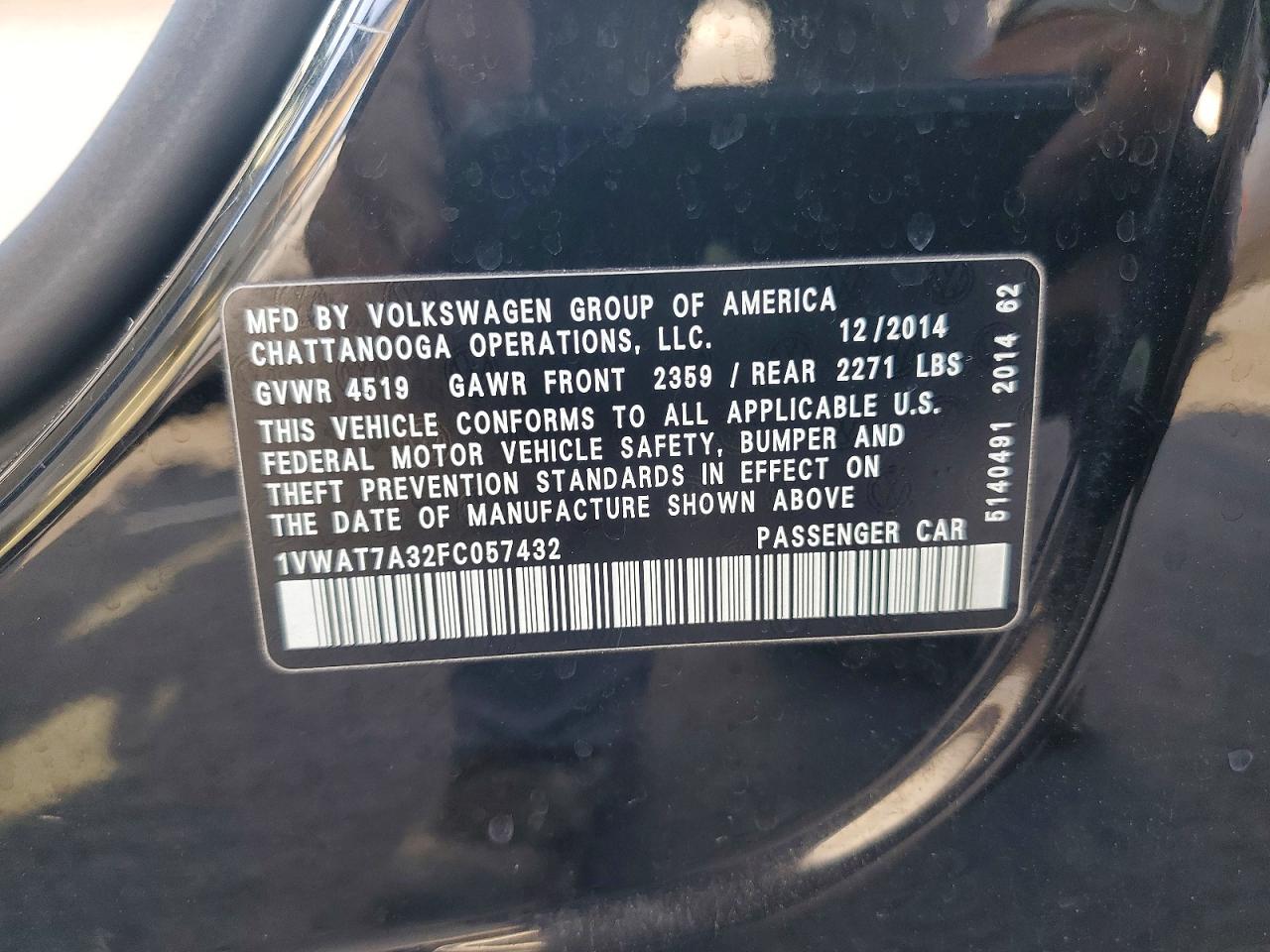 2015 Volkswagen Passat S Черный vin: 1VWAT7A32FC057432