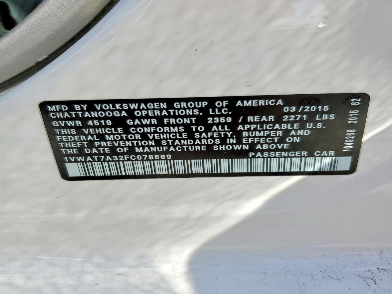 2015 Volkswagen Passat S White vin: 1VWAT7A32FC078569