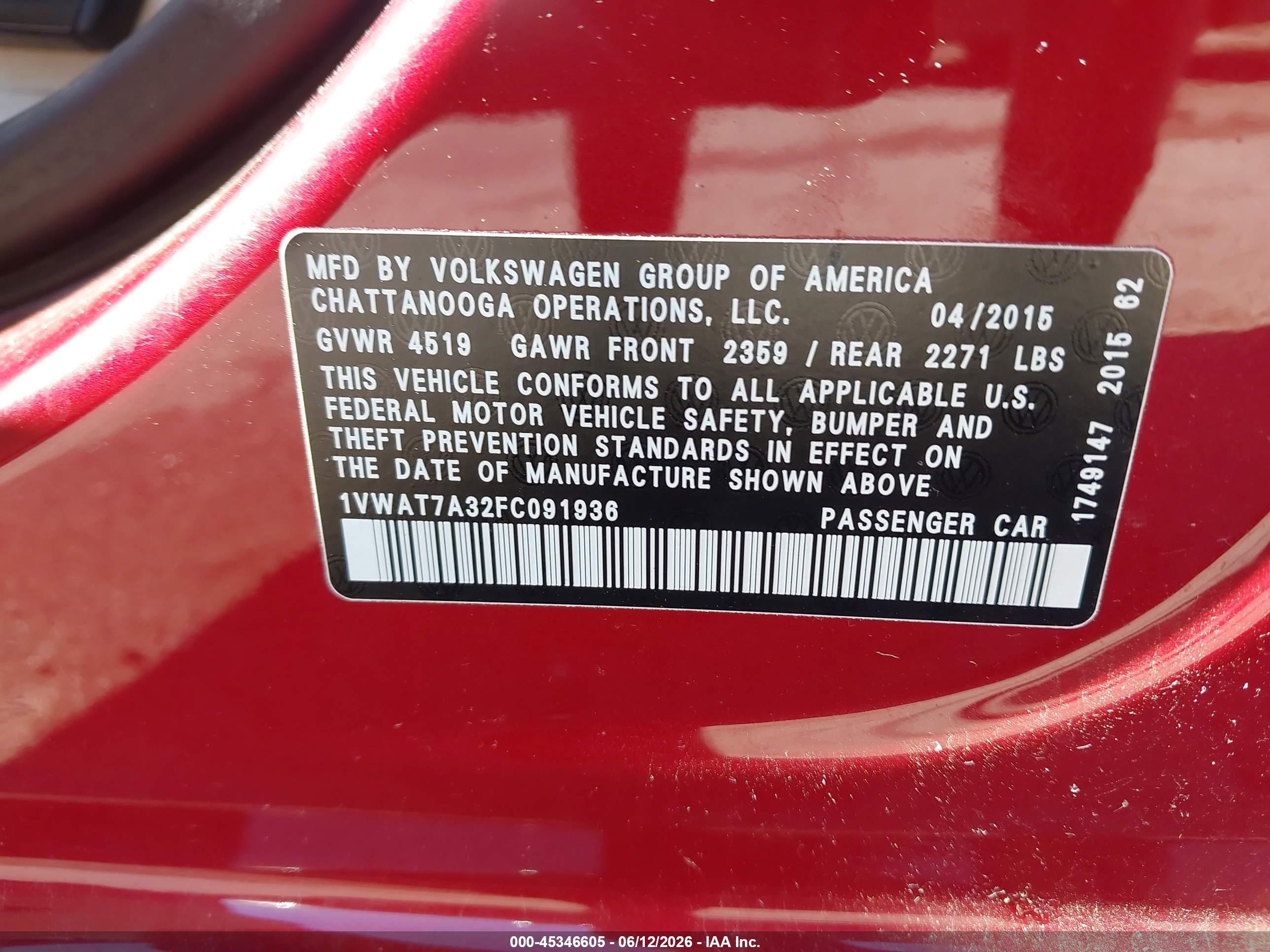 2015 Volkswagen Passat 1.8t Limited Edition Red vin: 1VWAT7A32FC091936