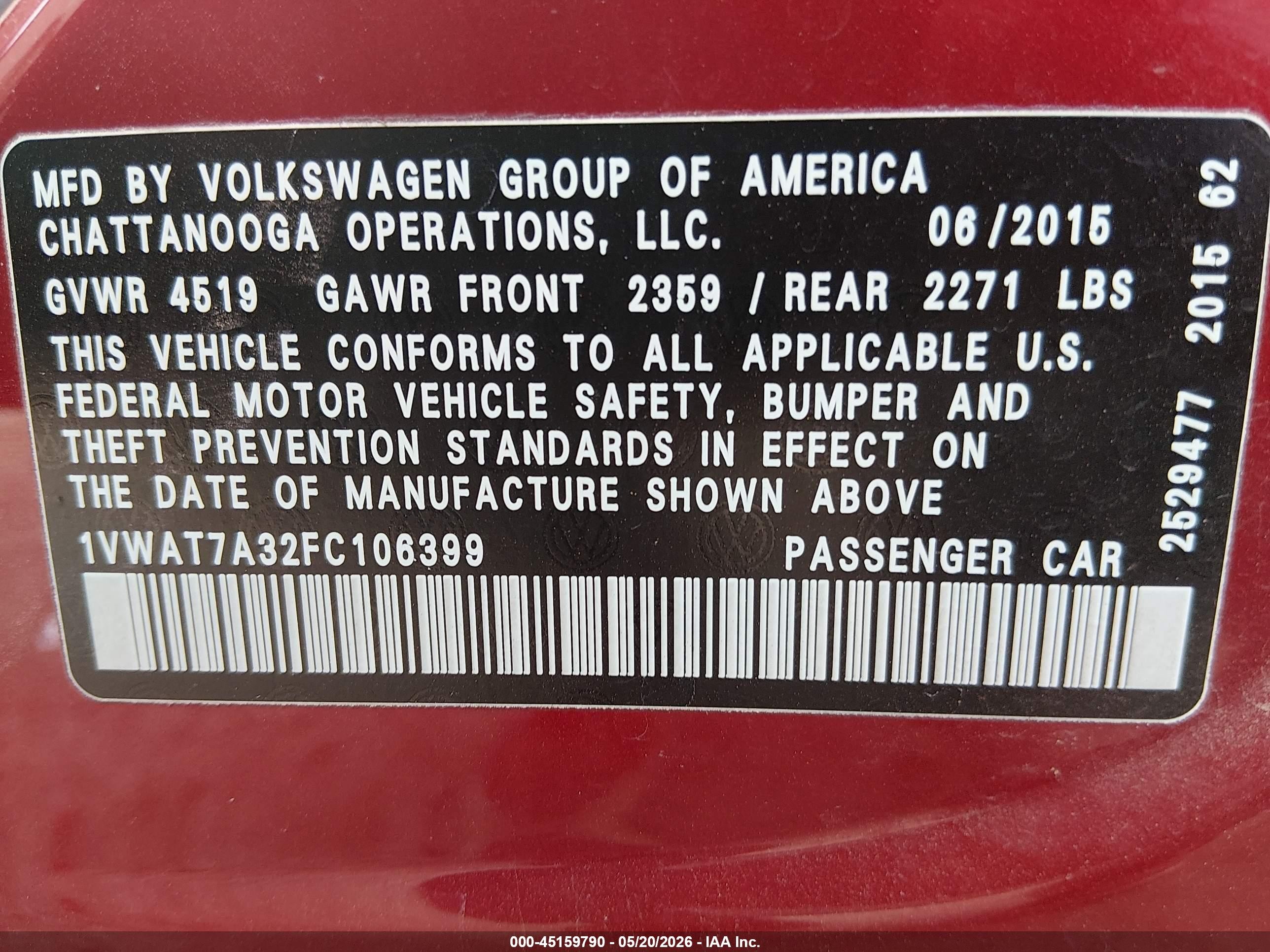 2015 Volkswagen Passat 1.8t Limited Edition Red vin: 1VWAT7A32FC106399