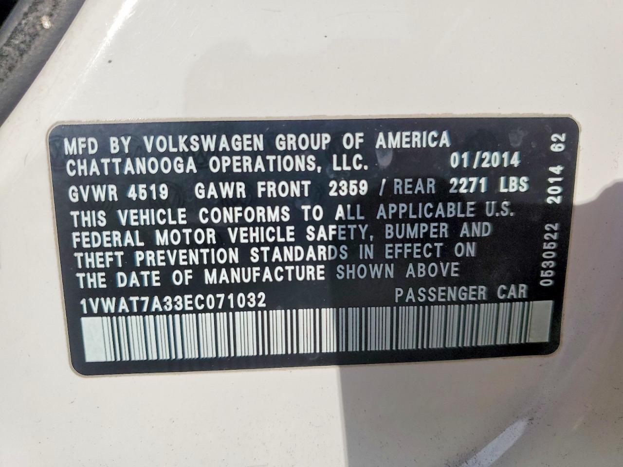 2014 Volkswagen Passat S White vin: 1VWAT7A33EC071032