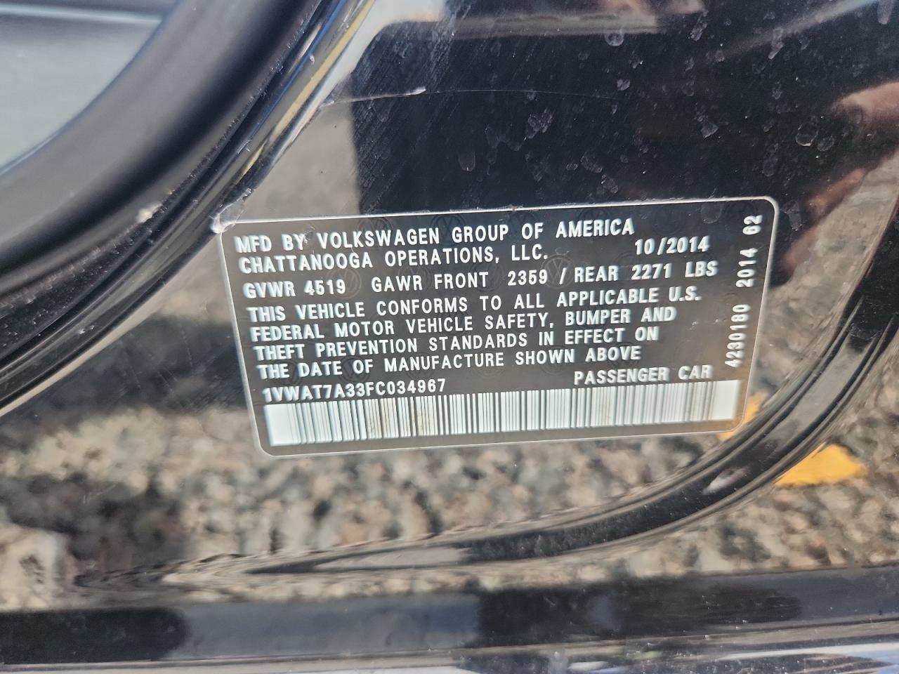 2015 Volkswagen Passat S Black vin: 1VWAT7A33FC034967
