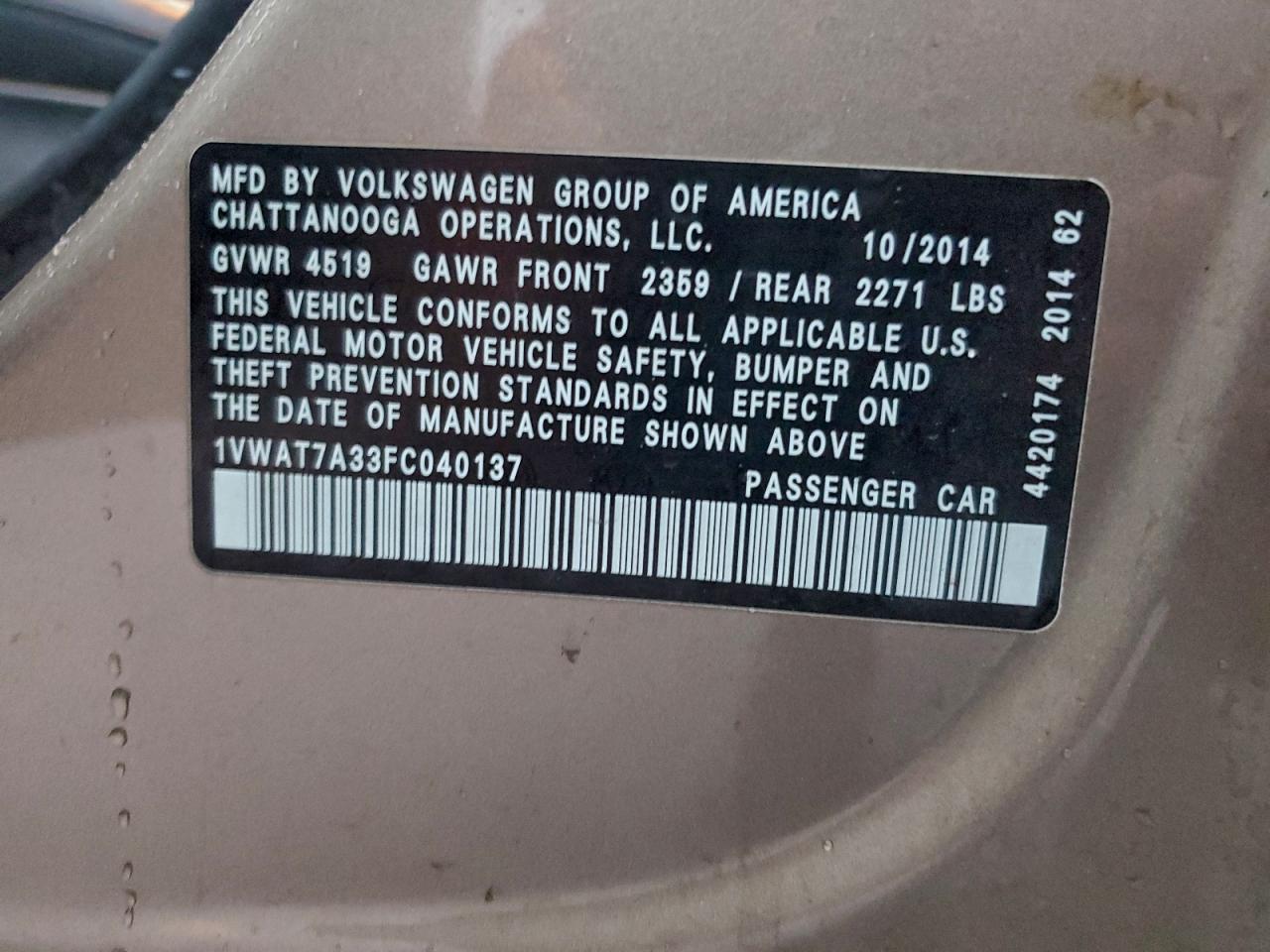 2015 Volkswagen Passat S Tan vin: 1VWAT7A33FC040137