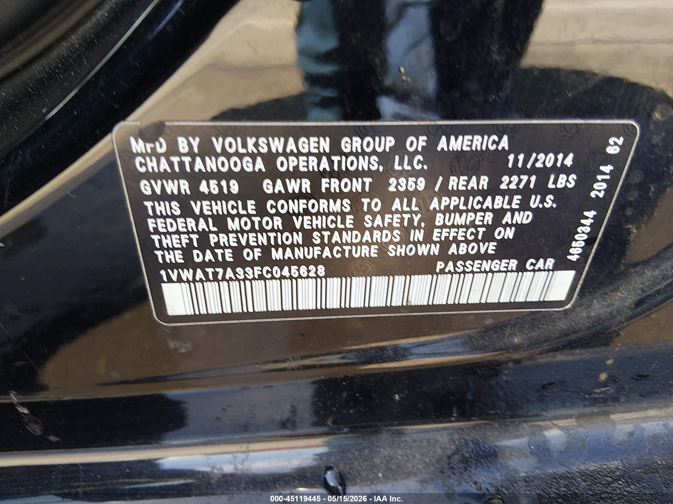 2015 Volkswagen Passat 1.8t S Black vin: 1VWAT7A33FC045628