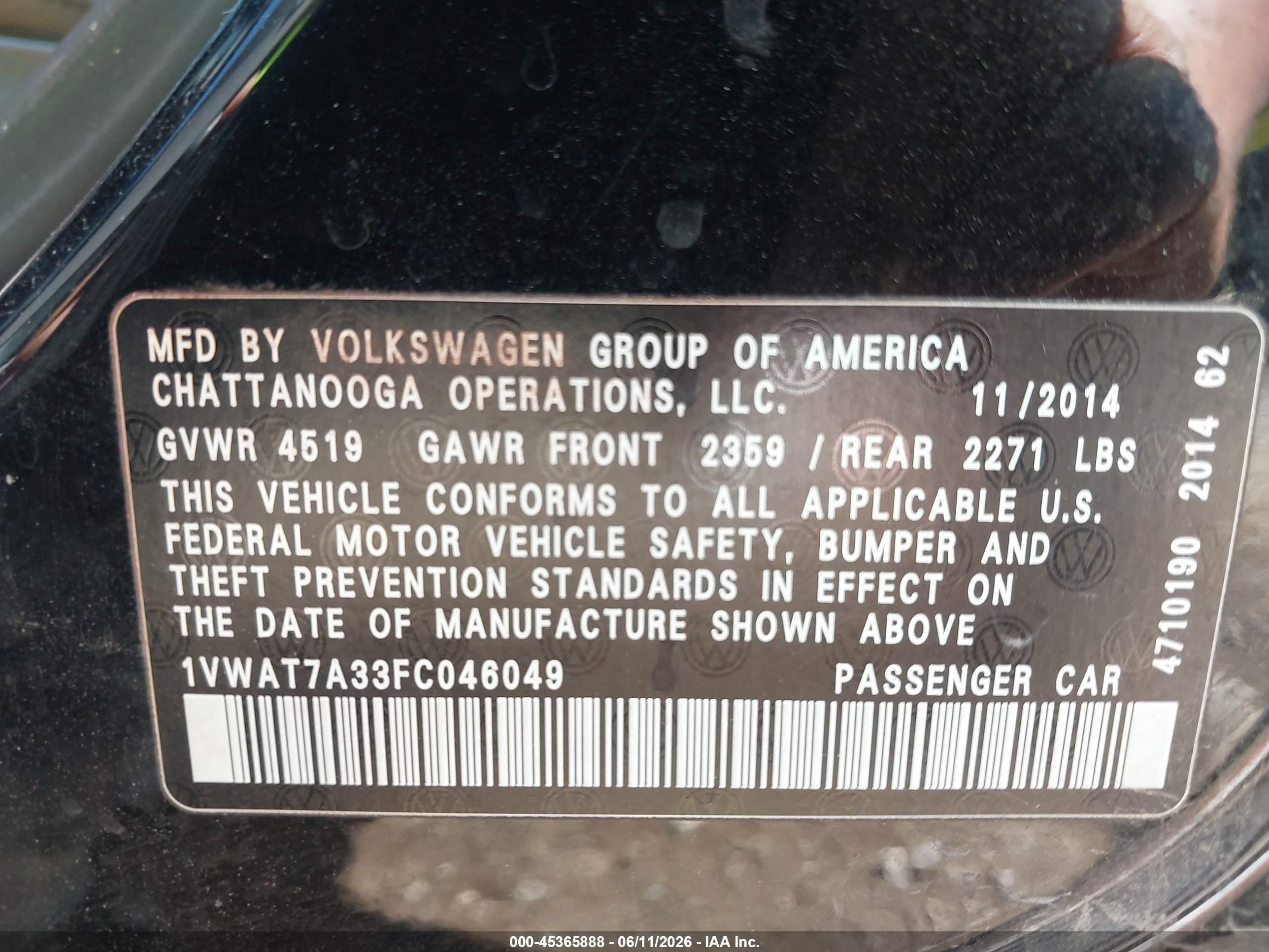 2015 Volkswagen Passat 1.8t Wolfsburg Edition Black vin: 1VWAT7A33FC046049