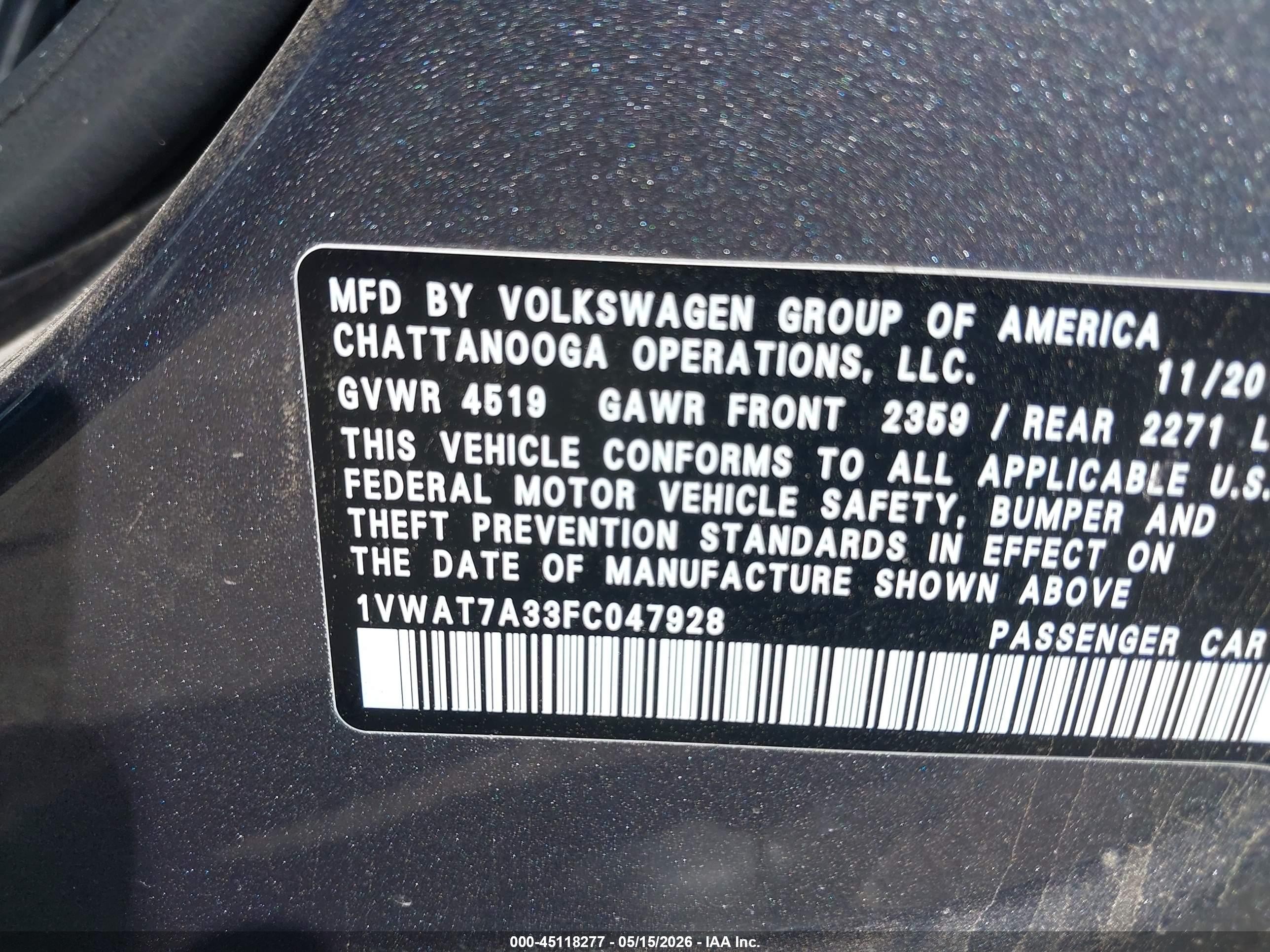2015 Volkswagen Passat 1.8t Wolfsburg Edition Gray vin: 1VWAT7A33FC047928