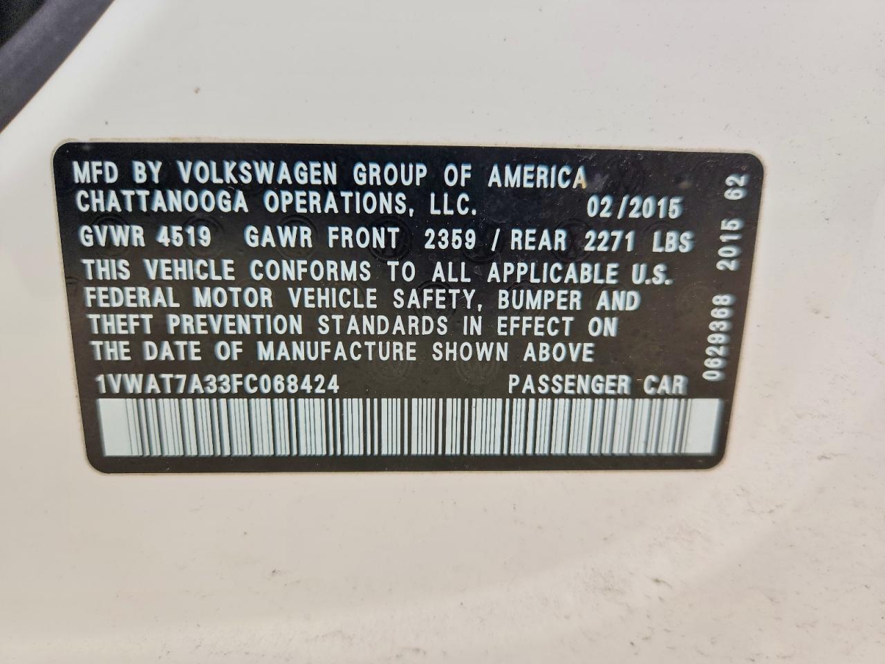 2015 Volkswagen Passat S White vin: 1VWAT7A33FC068424