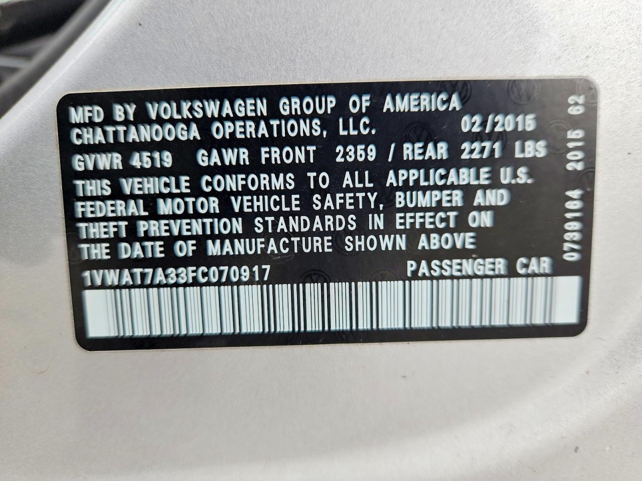 2015 Volkswagen Passat S Silver vin: 1VWAT7A33FC070917