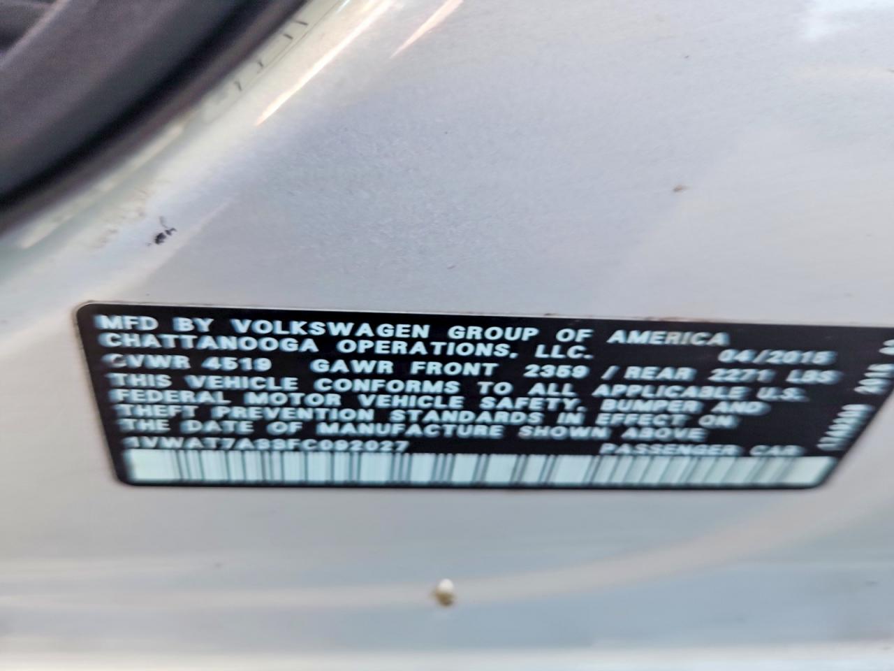 2015 Volkswagen Passat S Gray vin: 1VWAT7A33FC092027