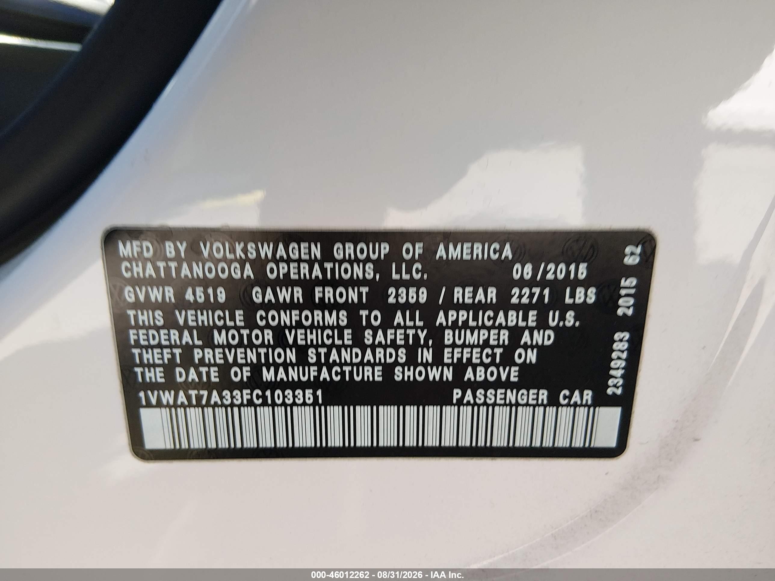 2015 Volkswagen Passat 1.8t Limited Edition White vin: 1VWAT7A33FC103351