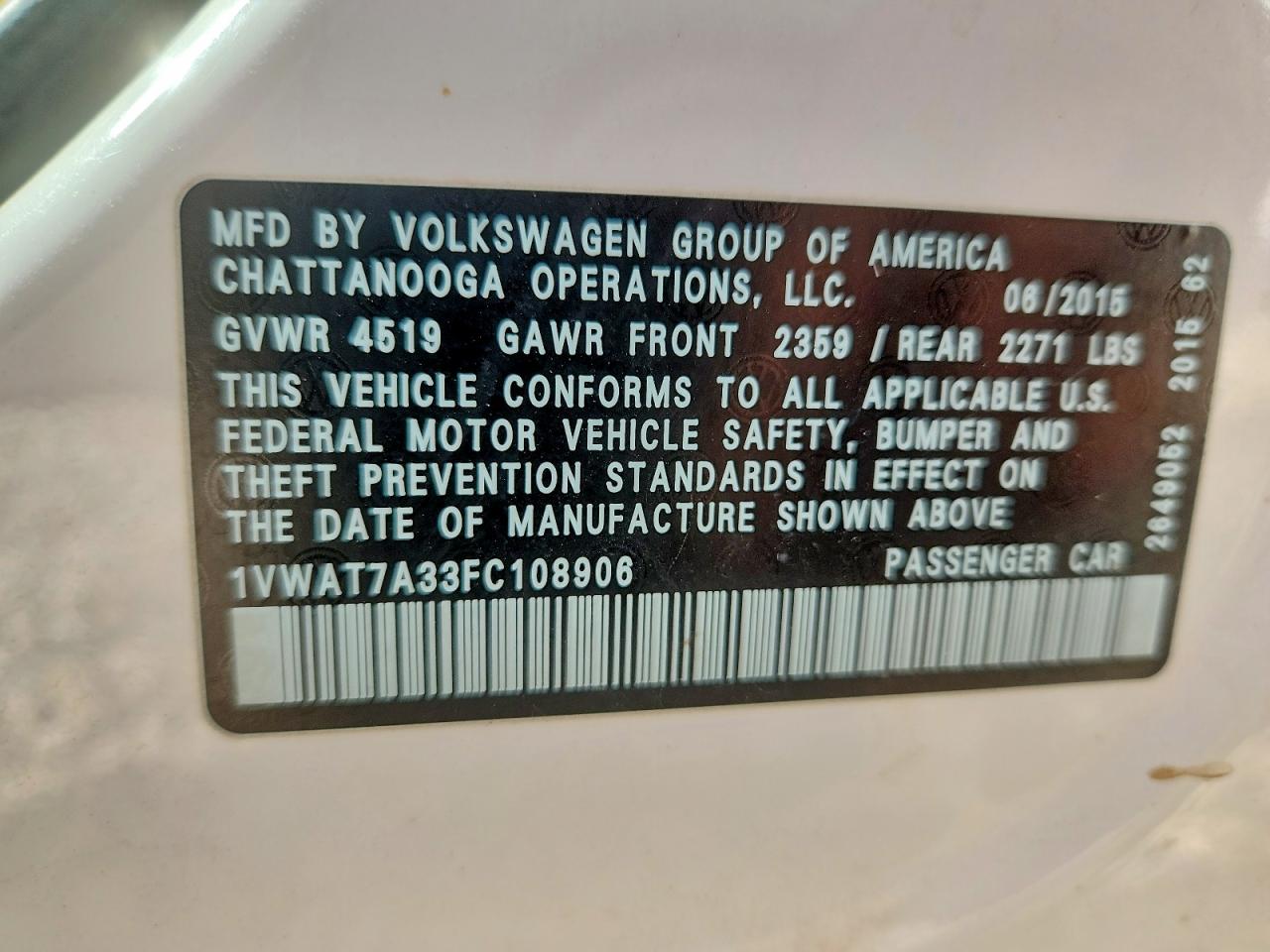 2015 Volkswagen Passat S White vin: 1VWAT7A33FC108906
