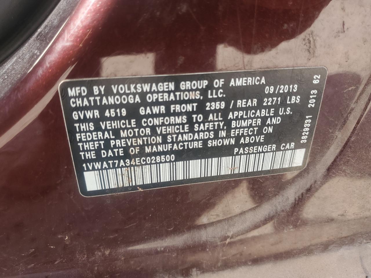 2014 Volk Passat Maroon vin: 1VWAT7A34EC028500