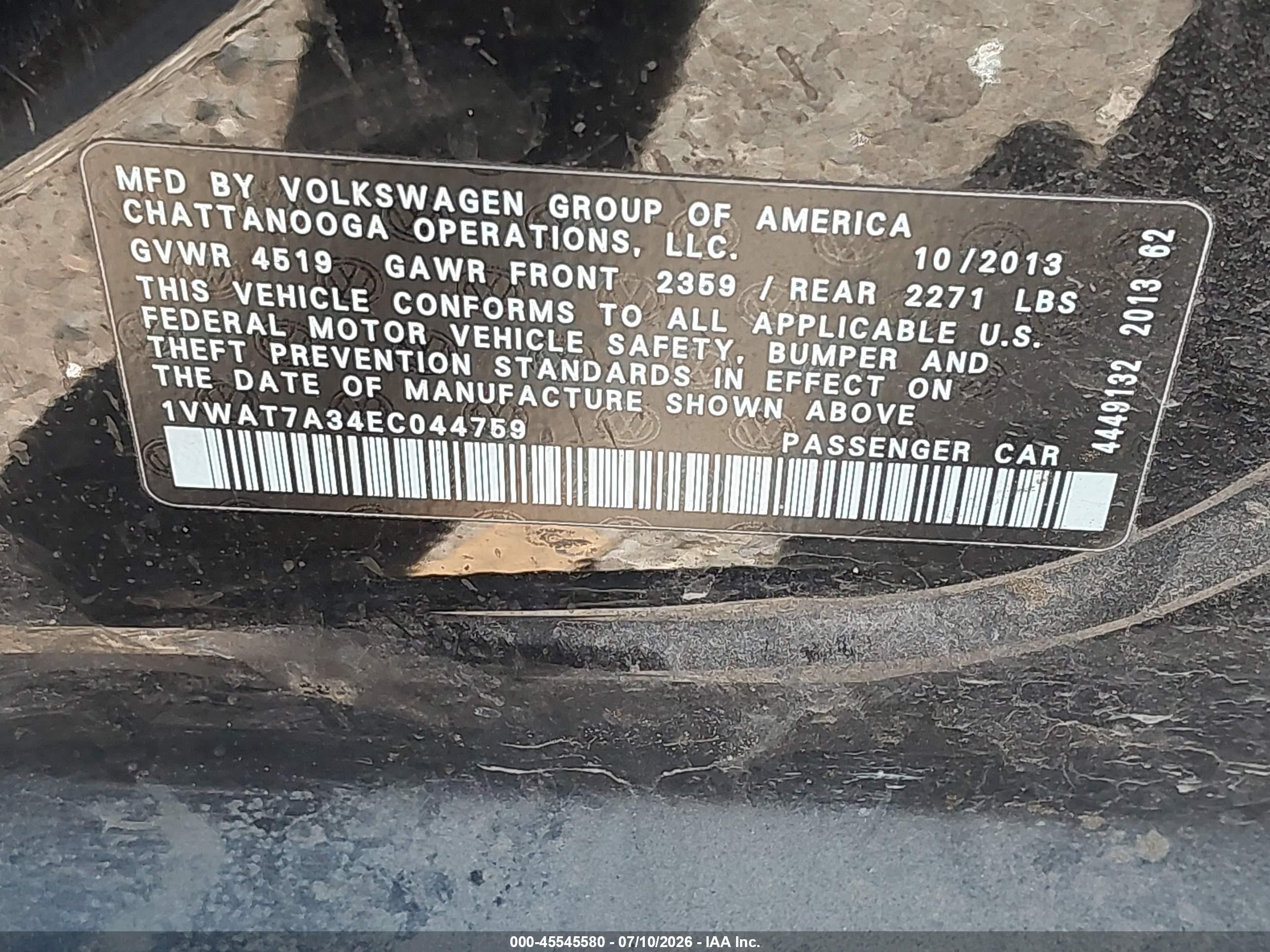 2014 Volkswagen Passat 1.8t S/1.8t Wolfsburg Edition Черный vin: 1VWAT7A34EC044759