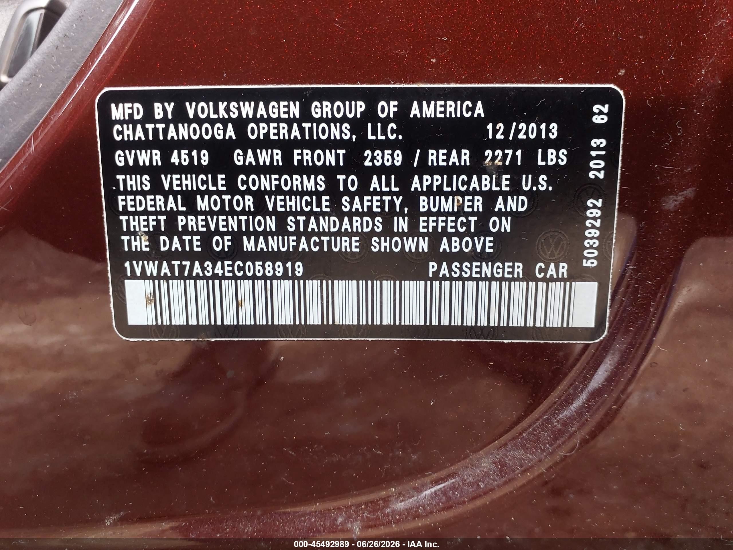 2014 Volkswagen Passat 1.8t Wolfsburg Edition Maroon vin: 1VWAT7A34EC058919