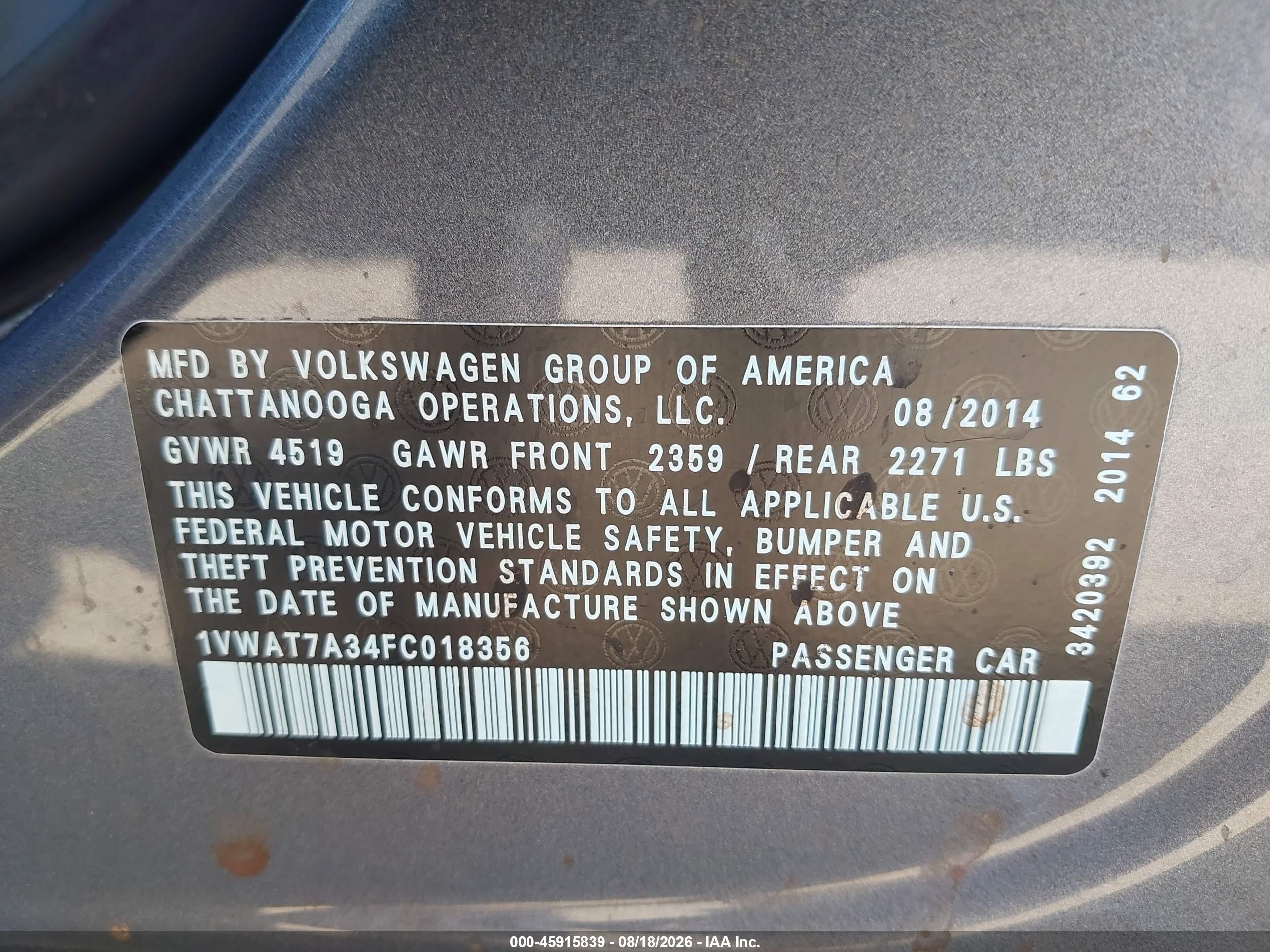 2015 Volkswagen Passat 1.8t Wolfsburg Edition Gray vin: 1VWAT7A34FC018356