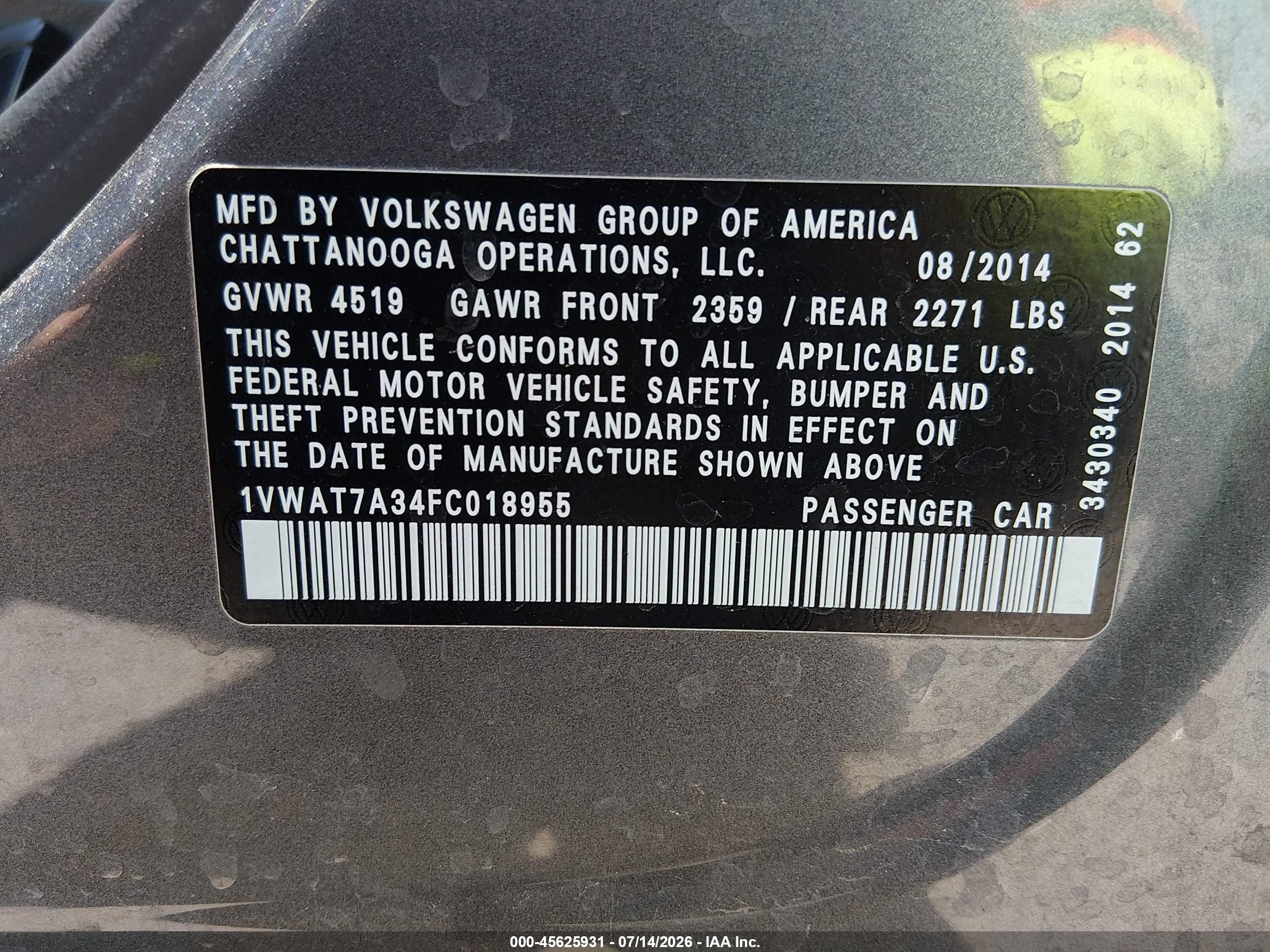 2015 Volkswagen Passat 1.8t Wolfsburg Edition Gray vin: 1VWAT7A34FC018955