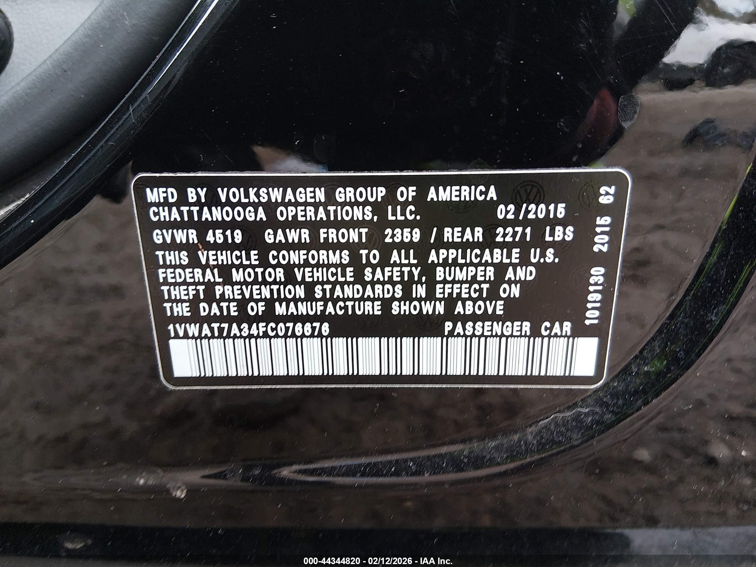 2015 Volkswagen Passat 1.8t Limited Edition Black vin: 1VWAT7A34FC076676