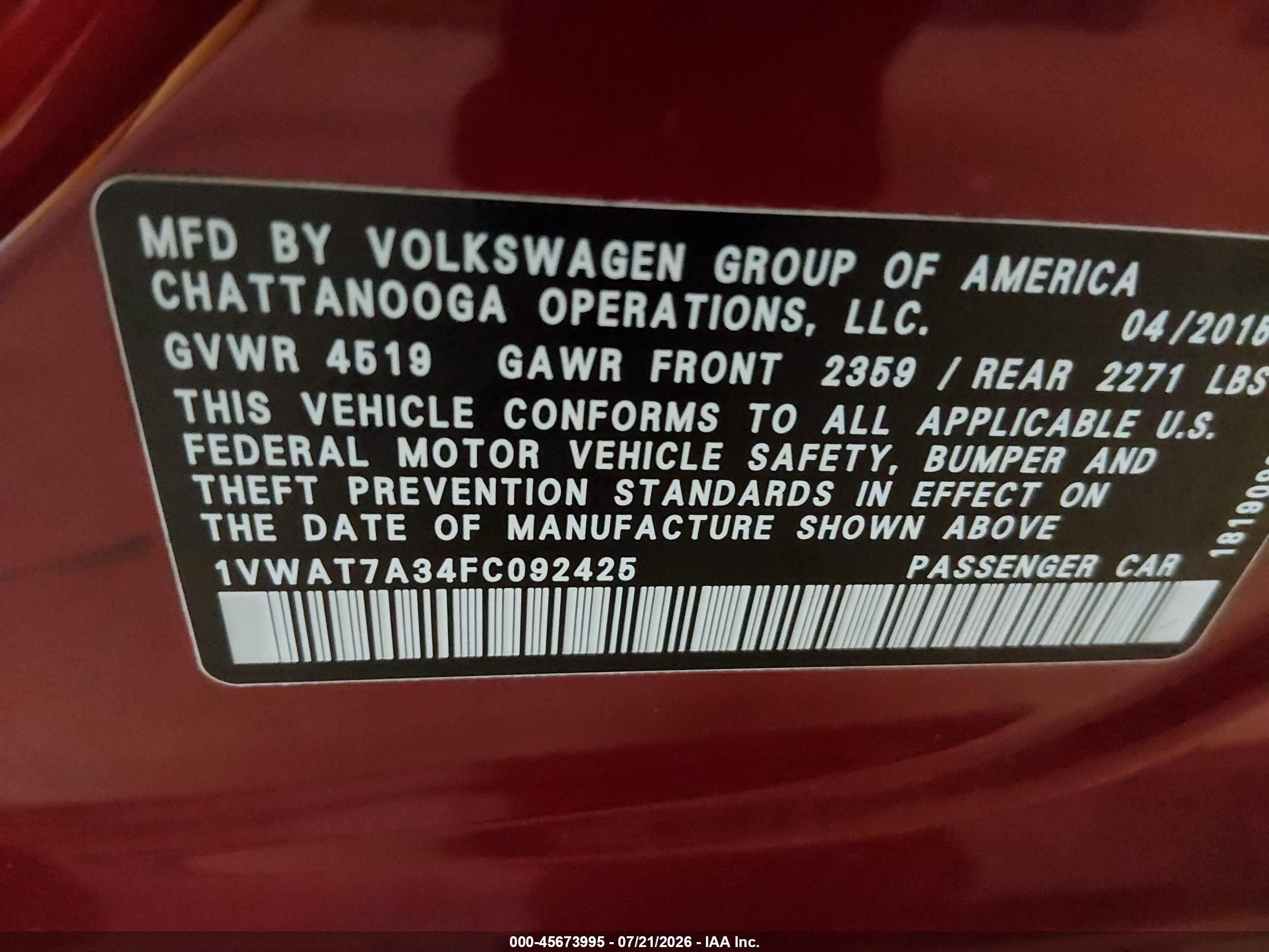 2015 Volkswagen Passat 1.8t Limited Edition Red vin: 1VWAT7A34FC092425
