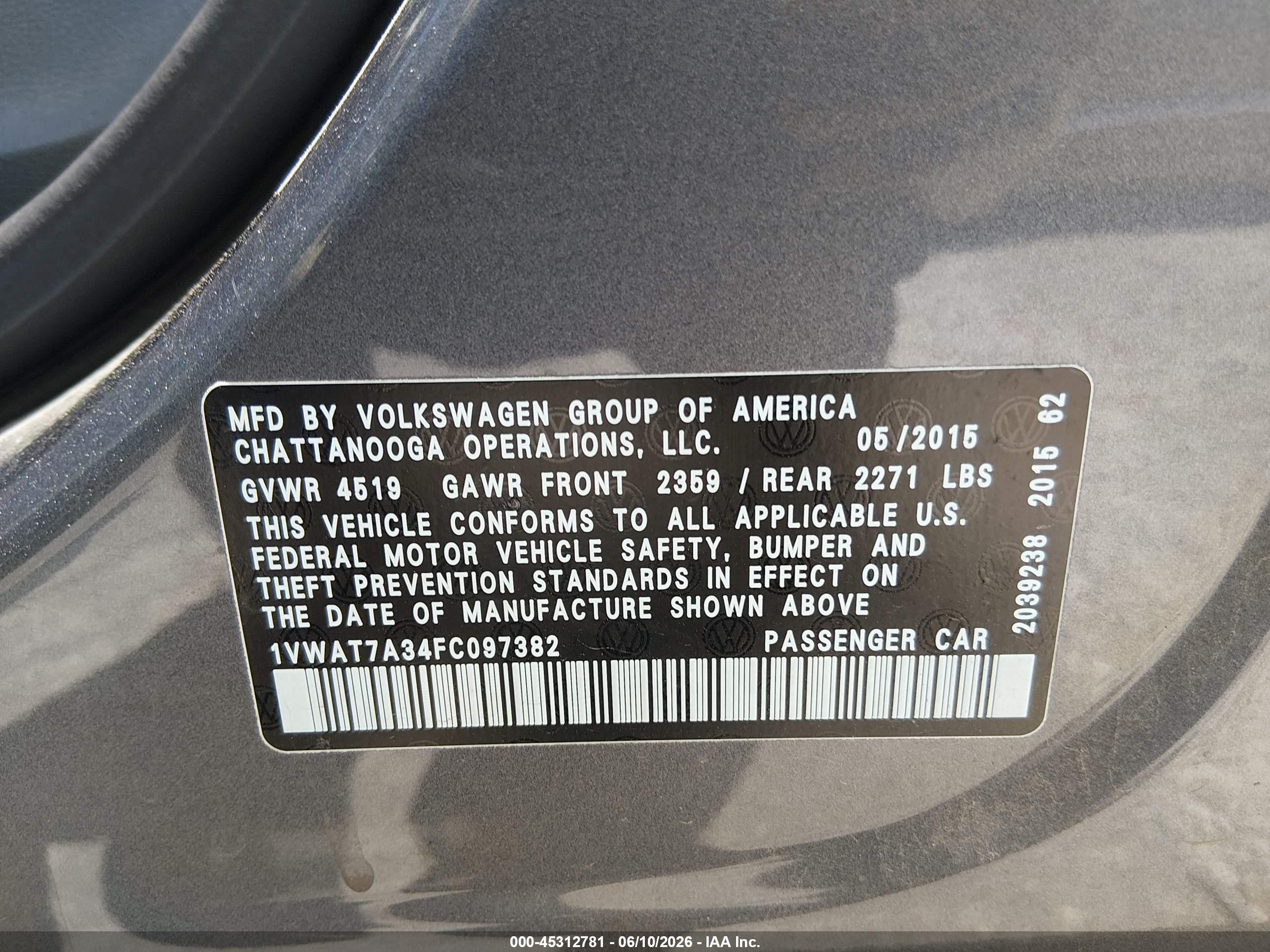 2015 Volkswagen Passat 1.8t Limited Edition Gray vin: 1VWAT7A34FC097382
