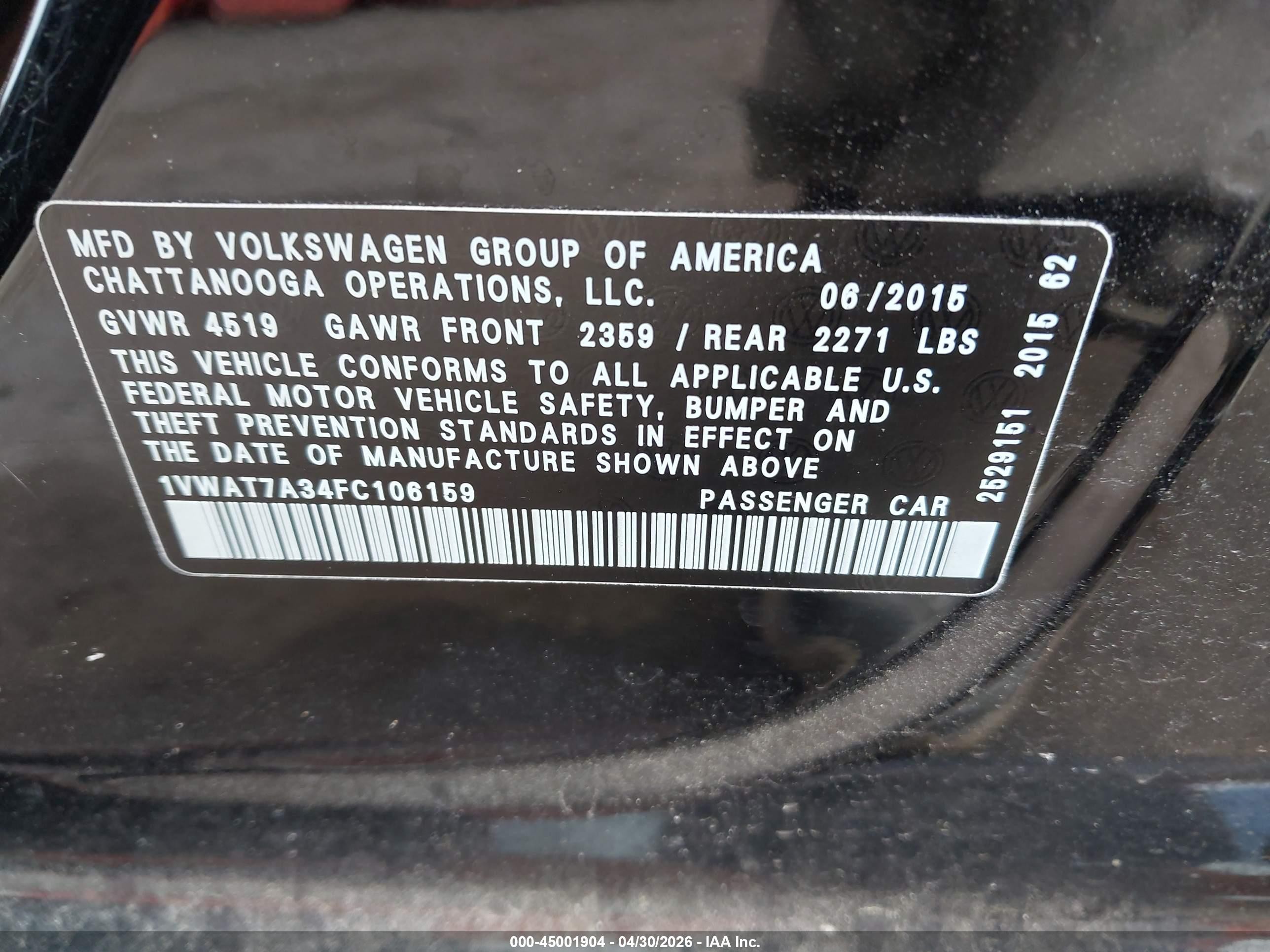 2015 Volkswagen Passat 1.8t S Black vin: 1VWAT7A34FC106159