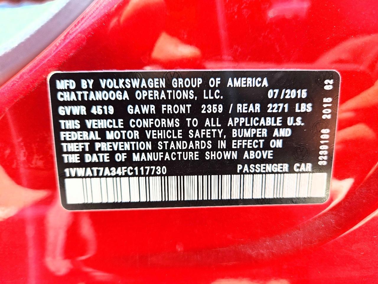2015 Volkswagen Passat S Red vin: 1VWAT7A34FC117730