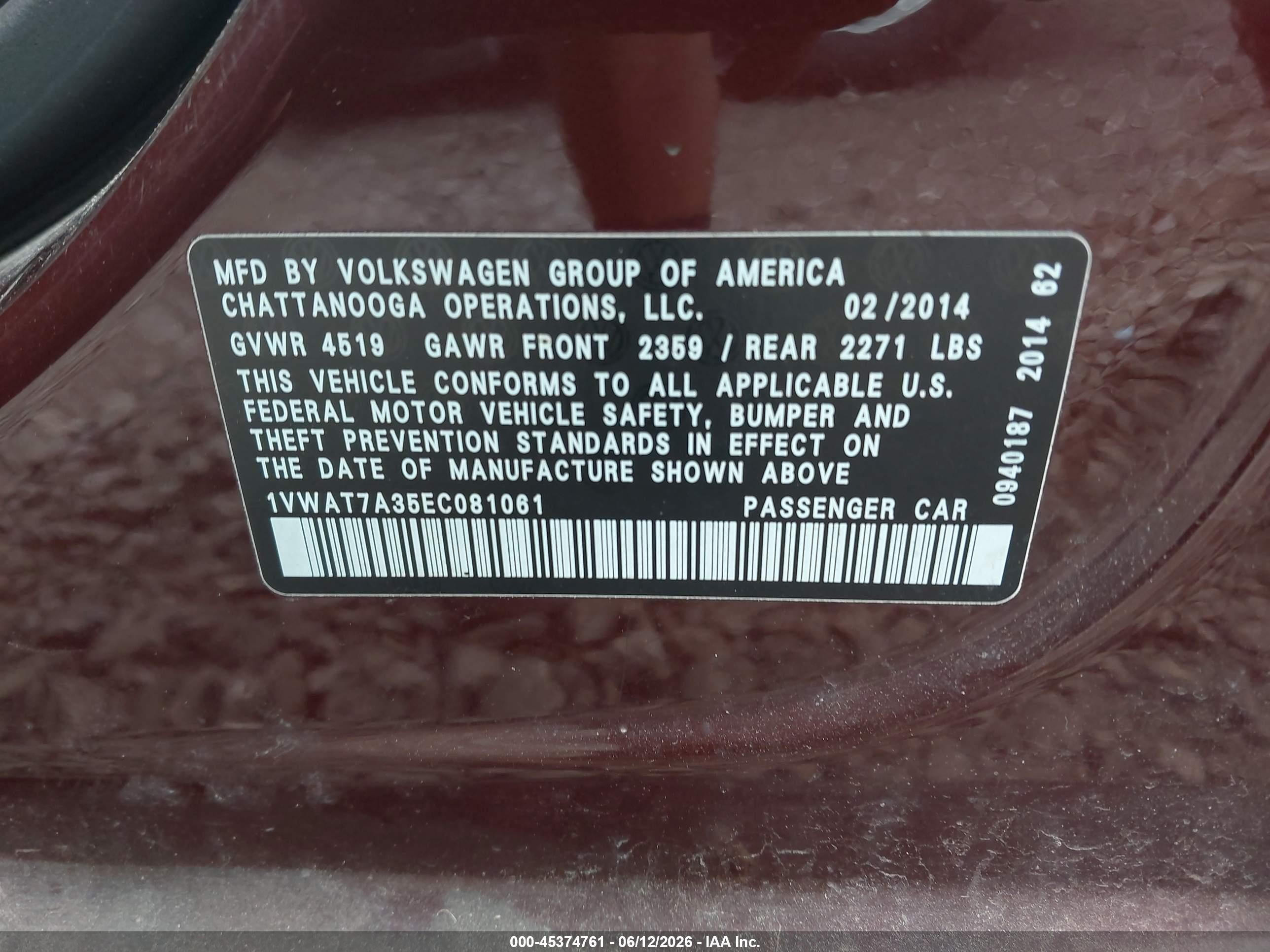 2014 Volkswagen Passat 1.8t Wolfsburg Edition Purple vin: 1VWAT7A35EC081061
