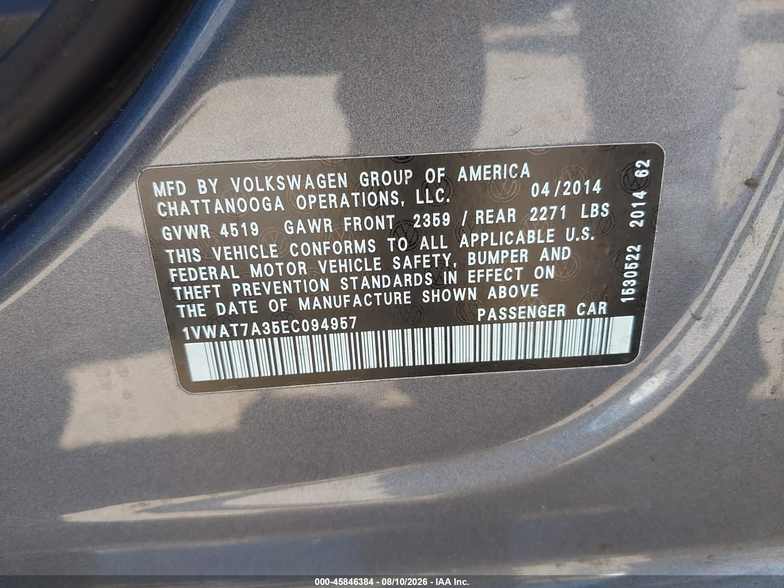 2014 Volkswagen Passat 1.8t Wolfsburg Edition Gray vin: 1VWAT7A35EC094957