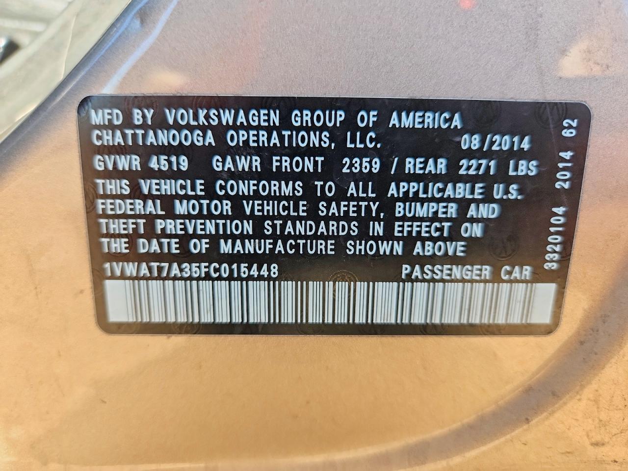 2015 Volkswagen Passat S Gold vin: 1VWAT7A35FC015448